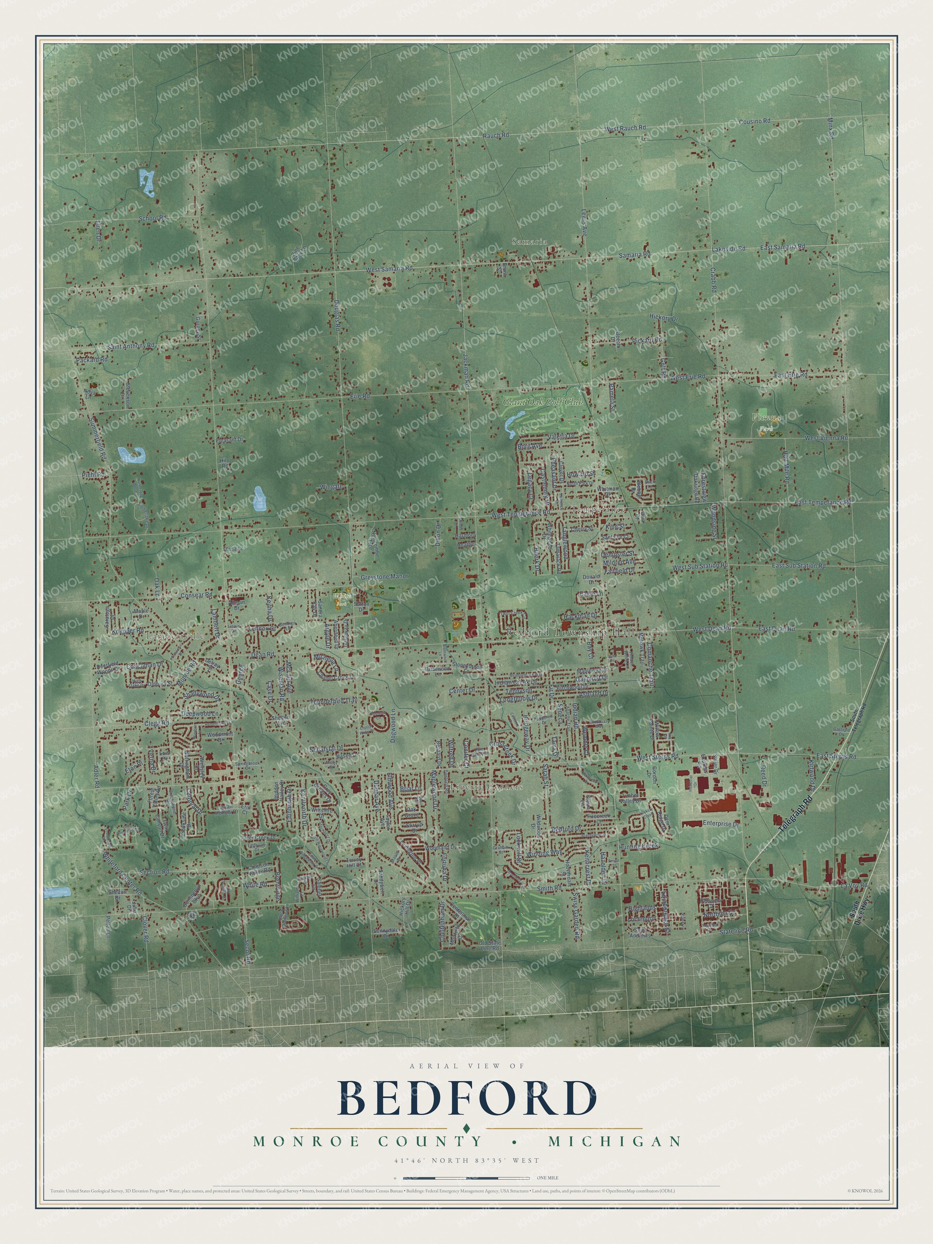 Full map of Bedford, Michigan, with red buildings, printed street names and the land around them