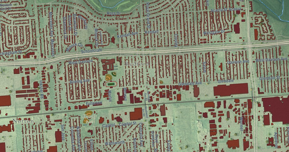 Close-up of streets and buildings in Beech, Michigan