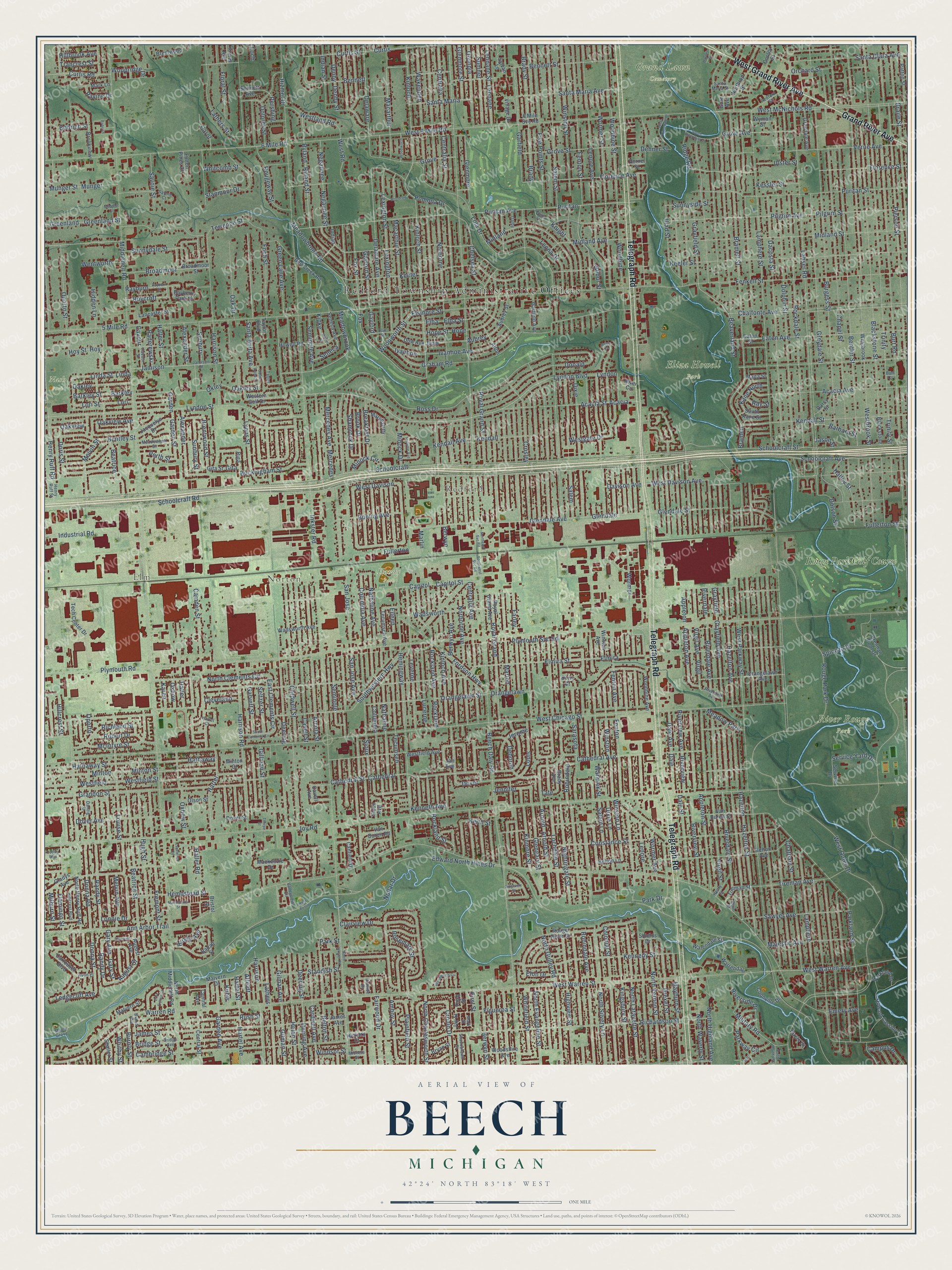 Full map of Beech, Michigan, with red buildings, printed street names and the land around them