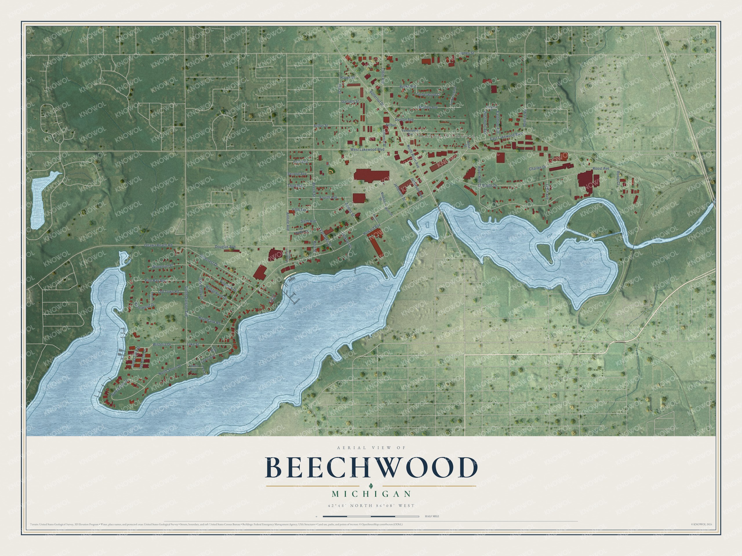 Full map of Beechwood, Michigan, with red buildings, printed street names and the land around them
