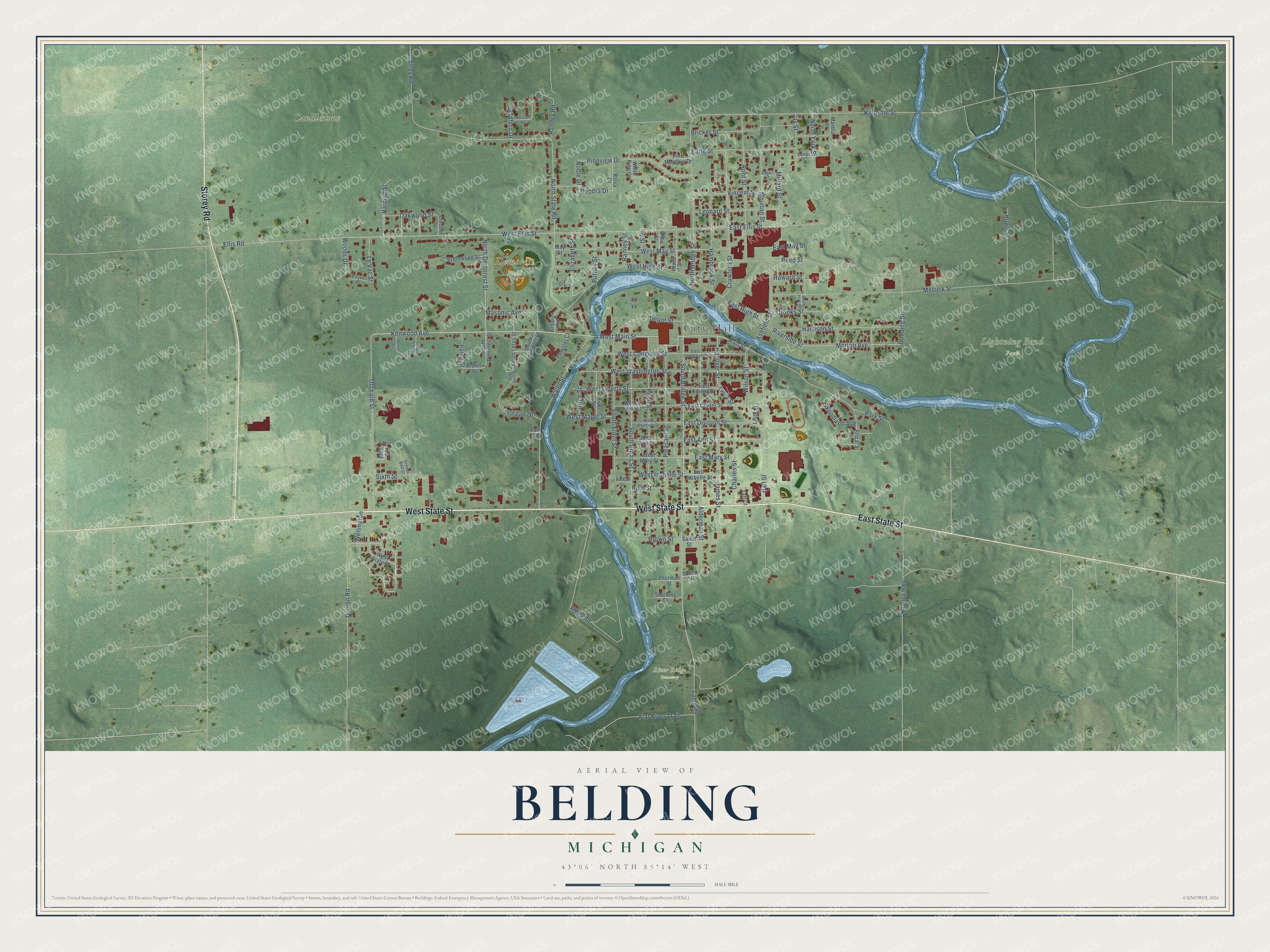 Full map of Belding, Michigan, with red buildings, printed street names and the land around them