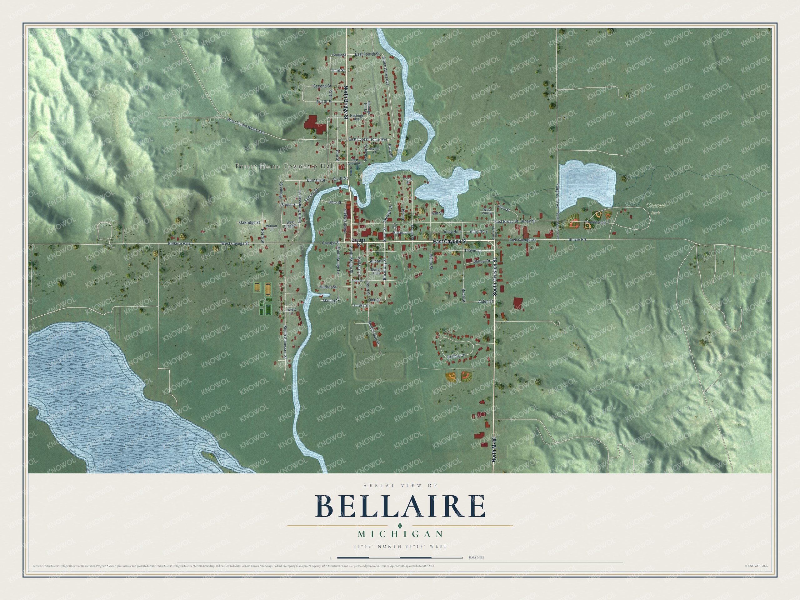 Full map of Bellaire, Michigan, with red buildings, printed street names and the land around them