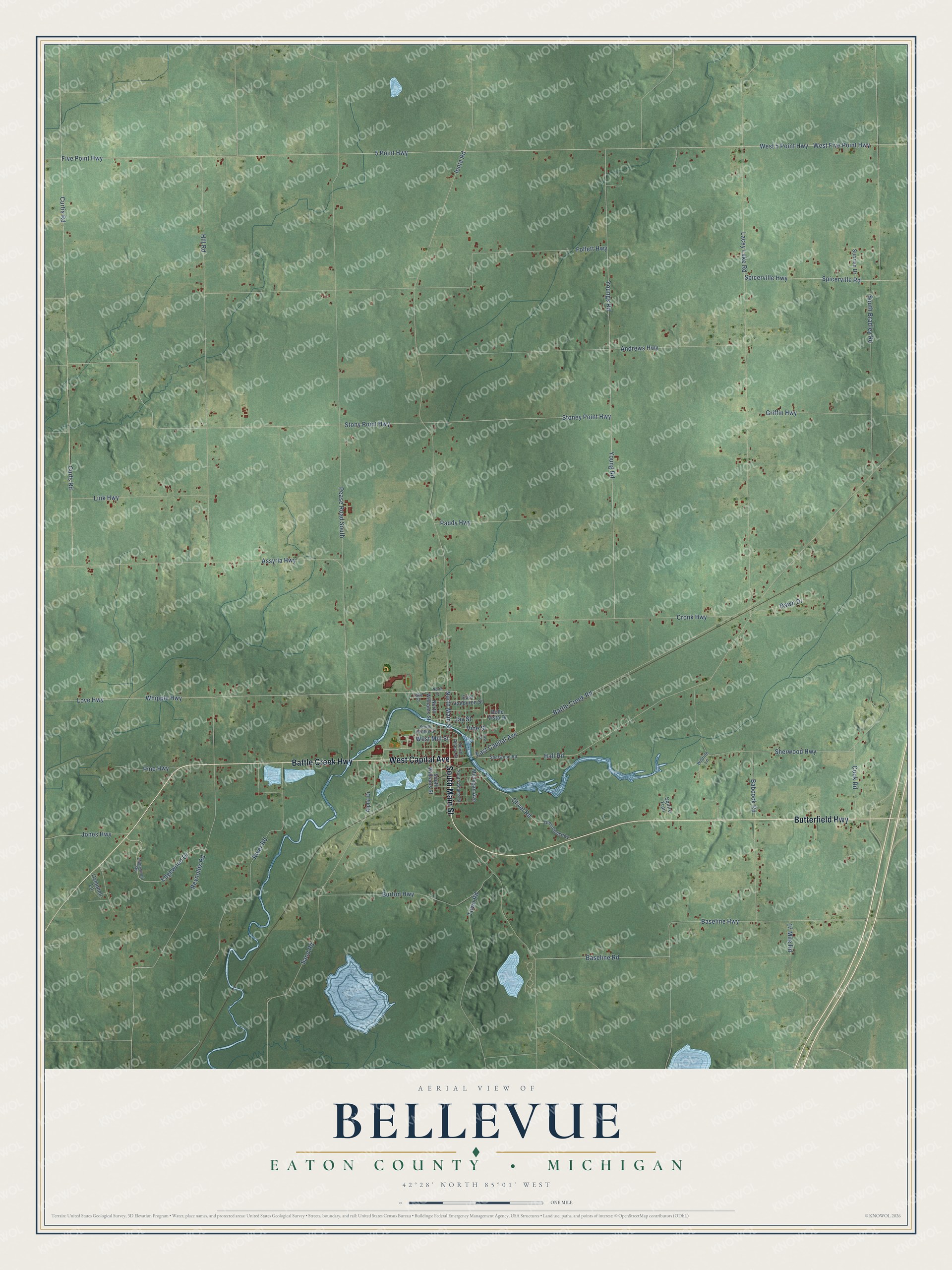 Full map of Bellevue, Michigan, with red buildings, printed street names and the land around them