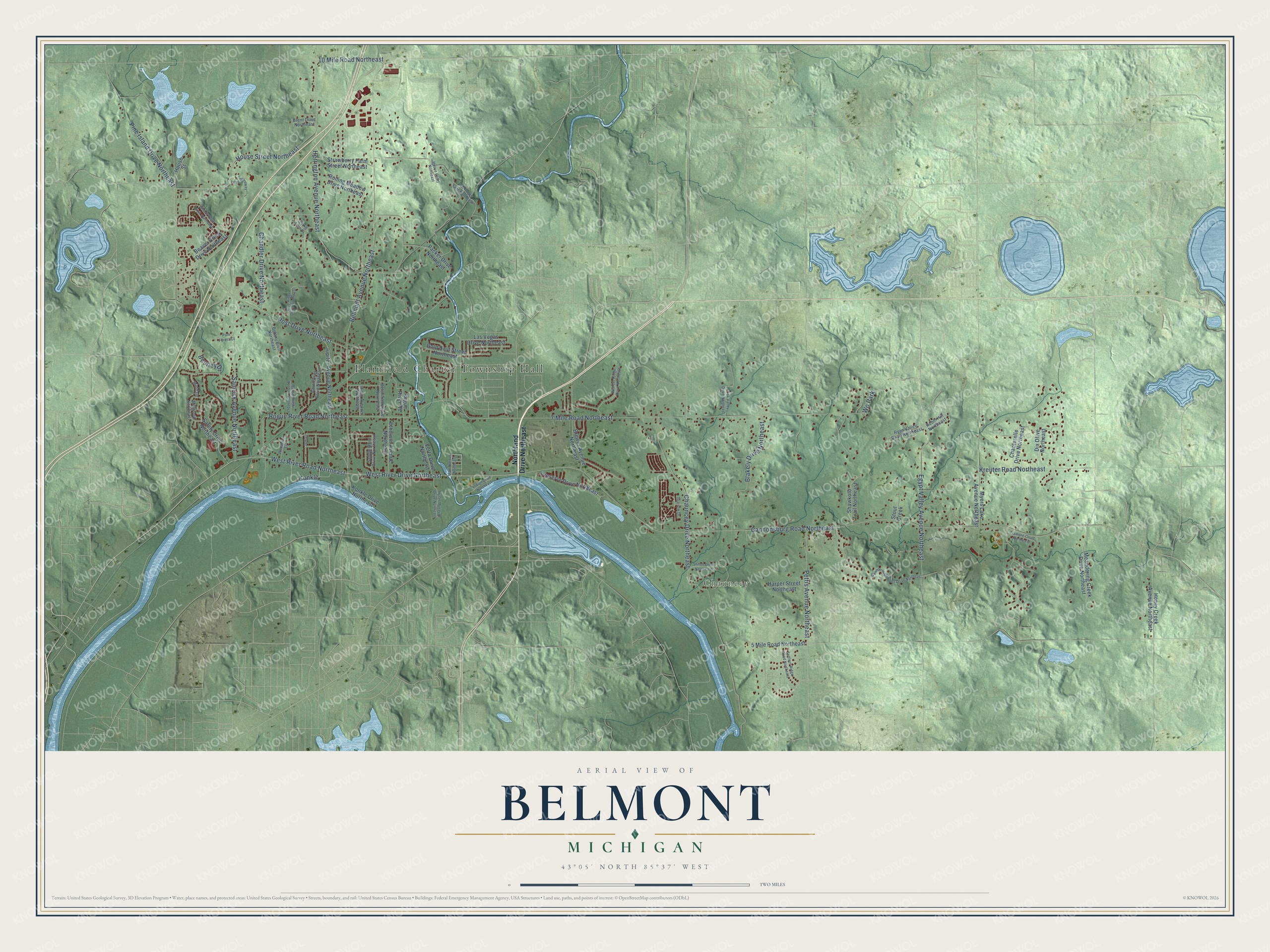 Full map of Belmont, Michigan, with red buildings, printed street names and the land around them