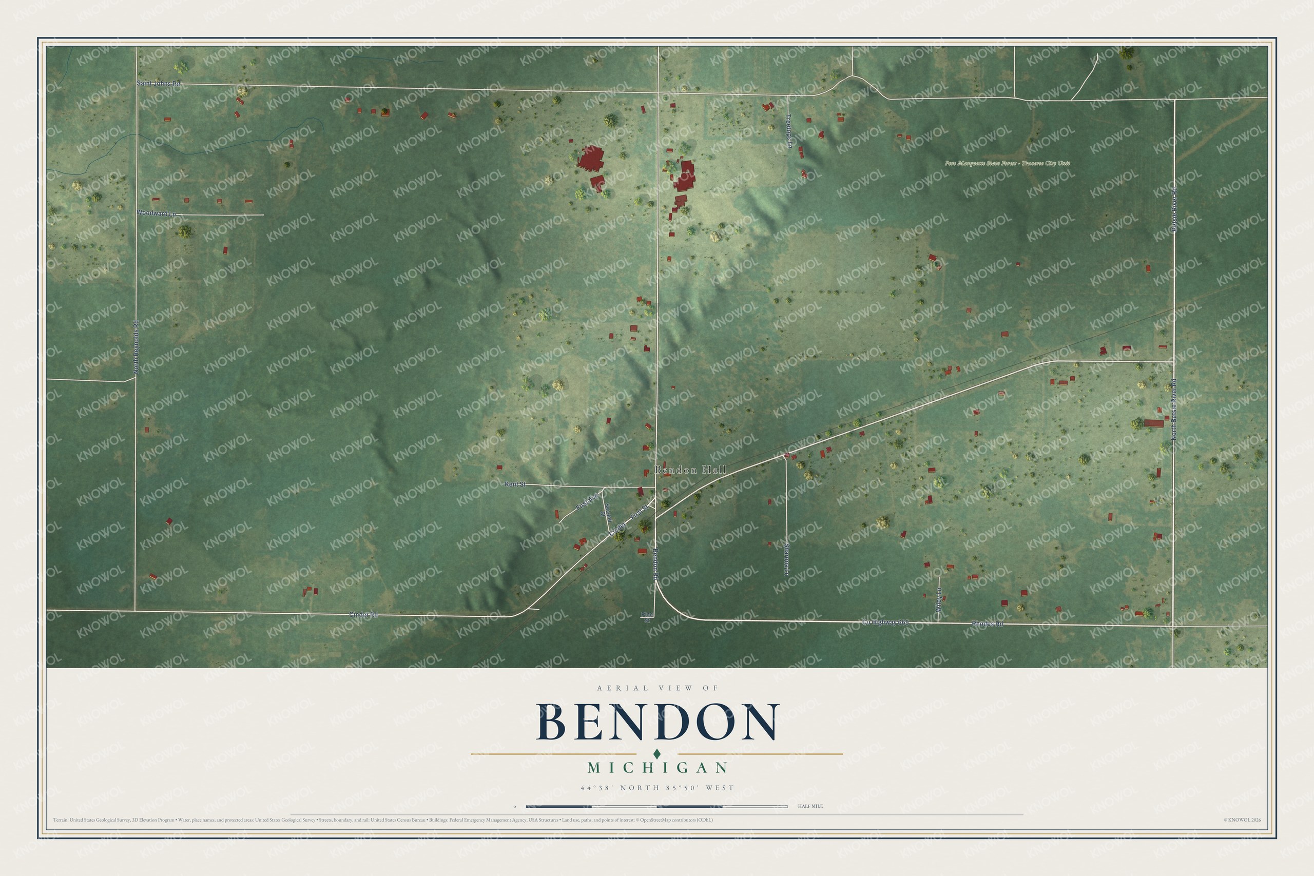 Full map of Bendon, Michigan, with red buildings, printed street names and the land around them