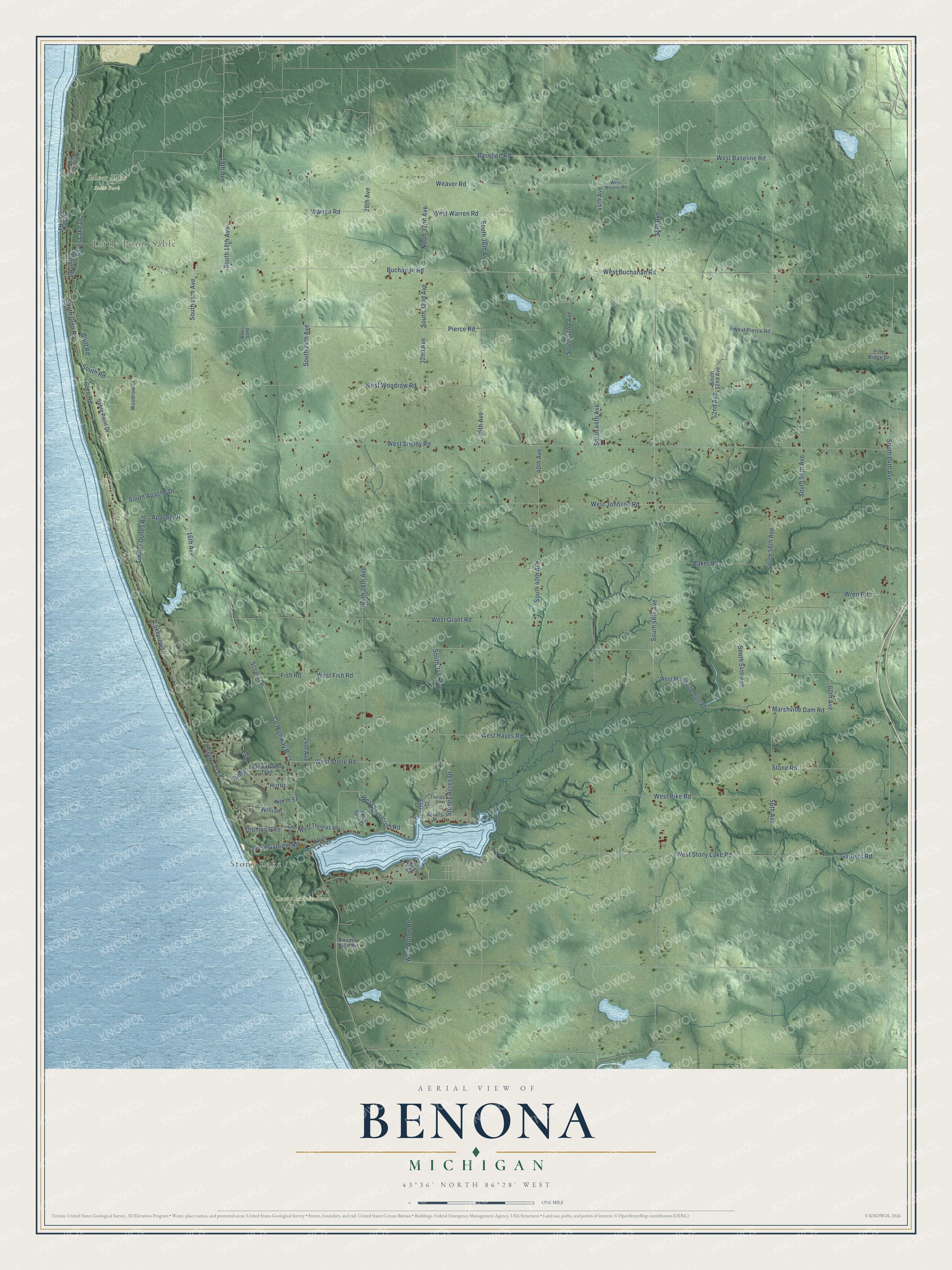 Full map of Benona, Michigan, with red buildings, printed street names and the land around them