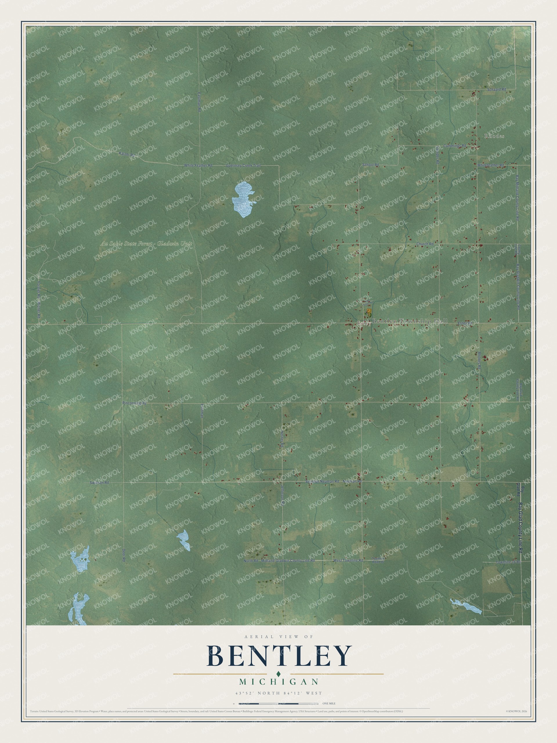 Full map of Bentley, Michigan, with red buildings, printed street names and the land around them