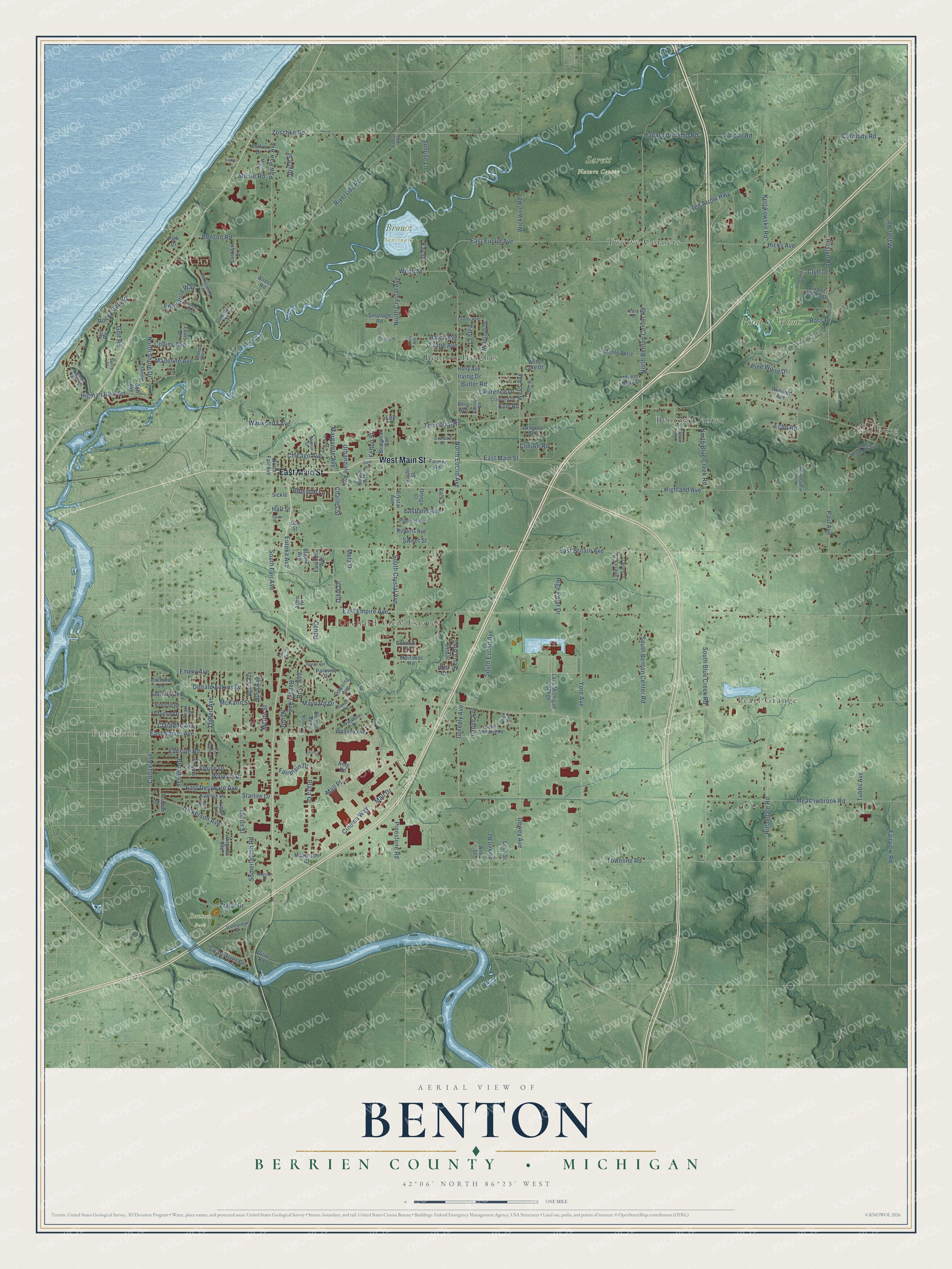Full map of Benton, Michigan, with red buildings, printed street names and the land around them