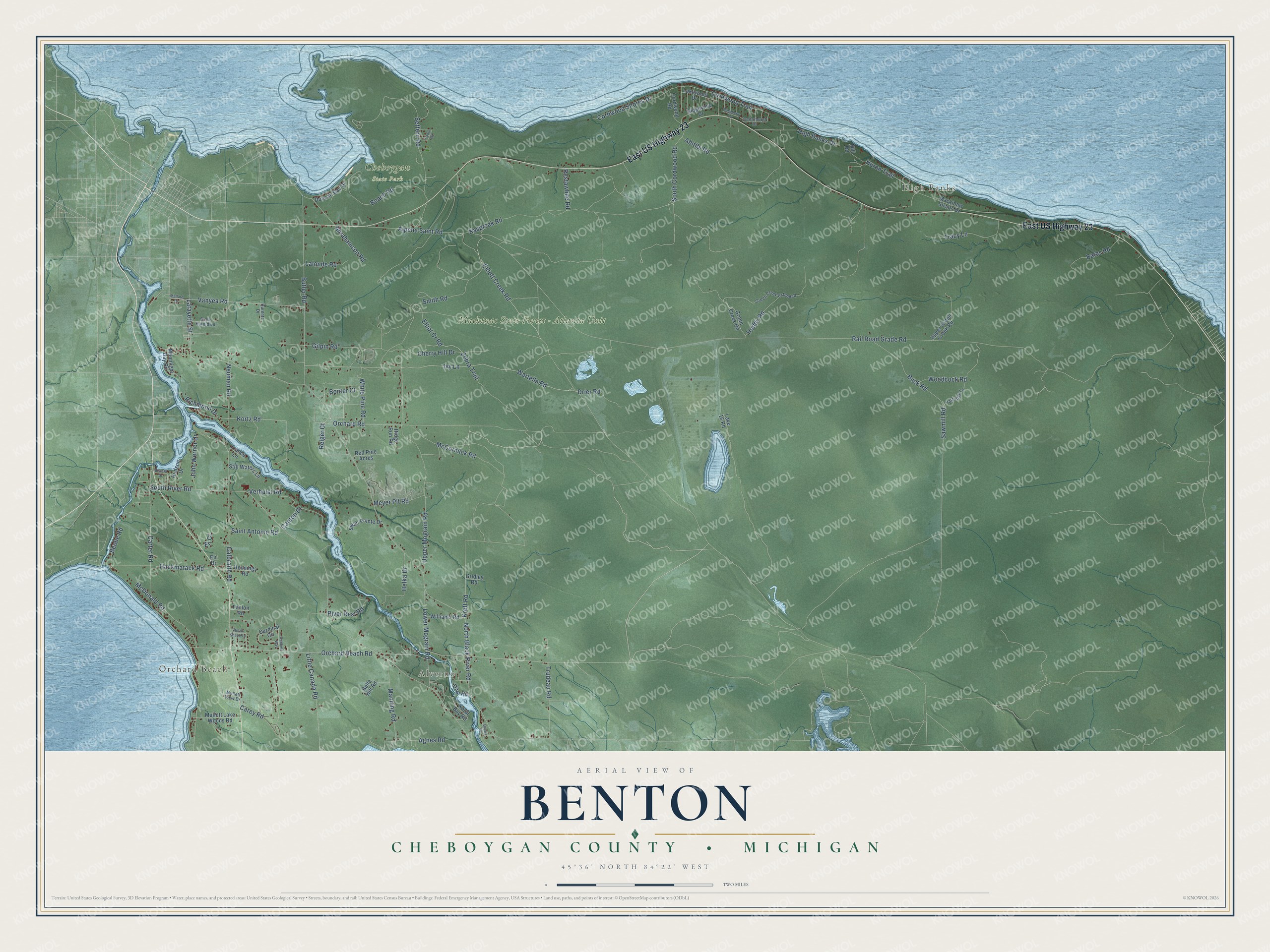 Full map of Benton, Michigan, with red buildings, printed street names and the land around them