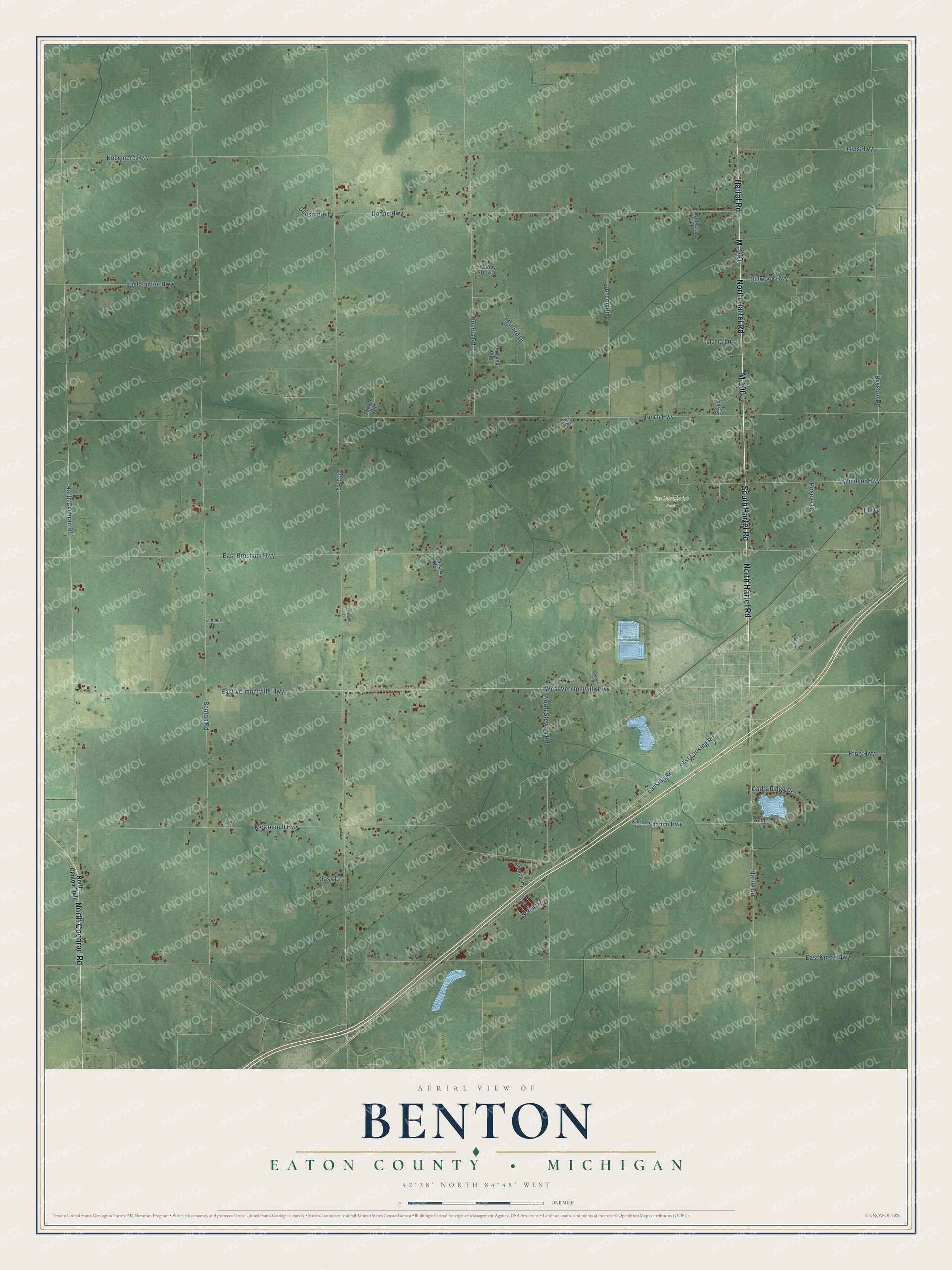 Full map of Benton, Michigan, with red buildings, printed street names and the land around them