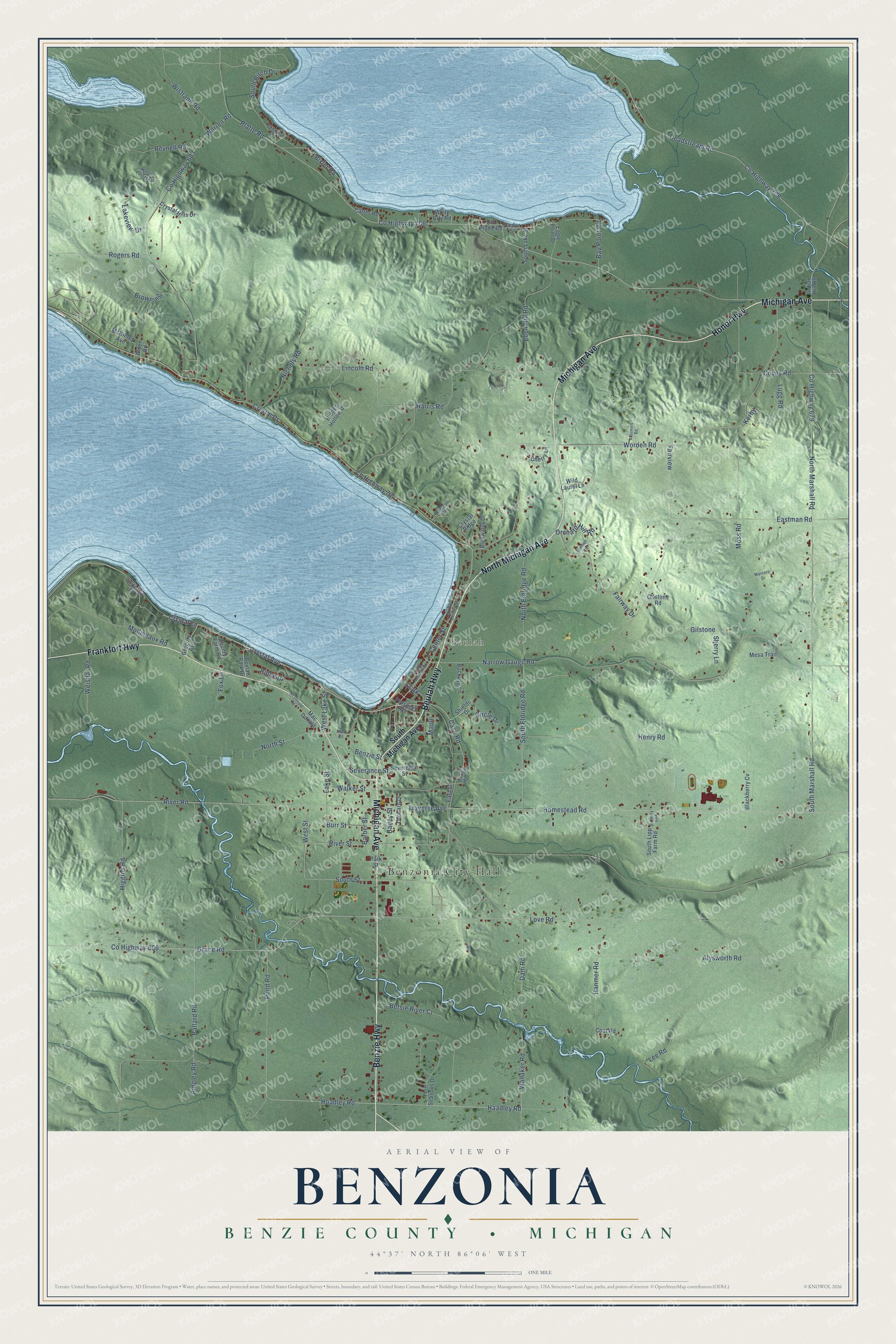 Full map of Benzonia, Michigan, with red buildings, printed street names and the land around them