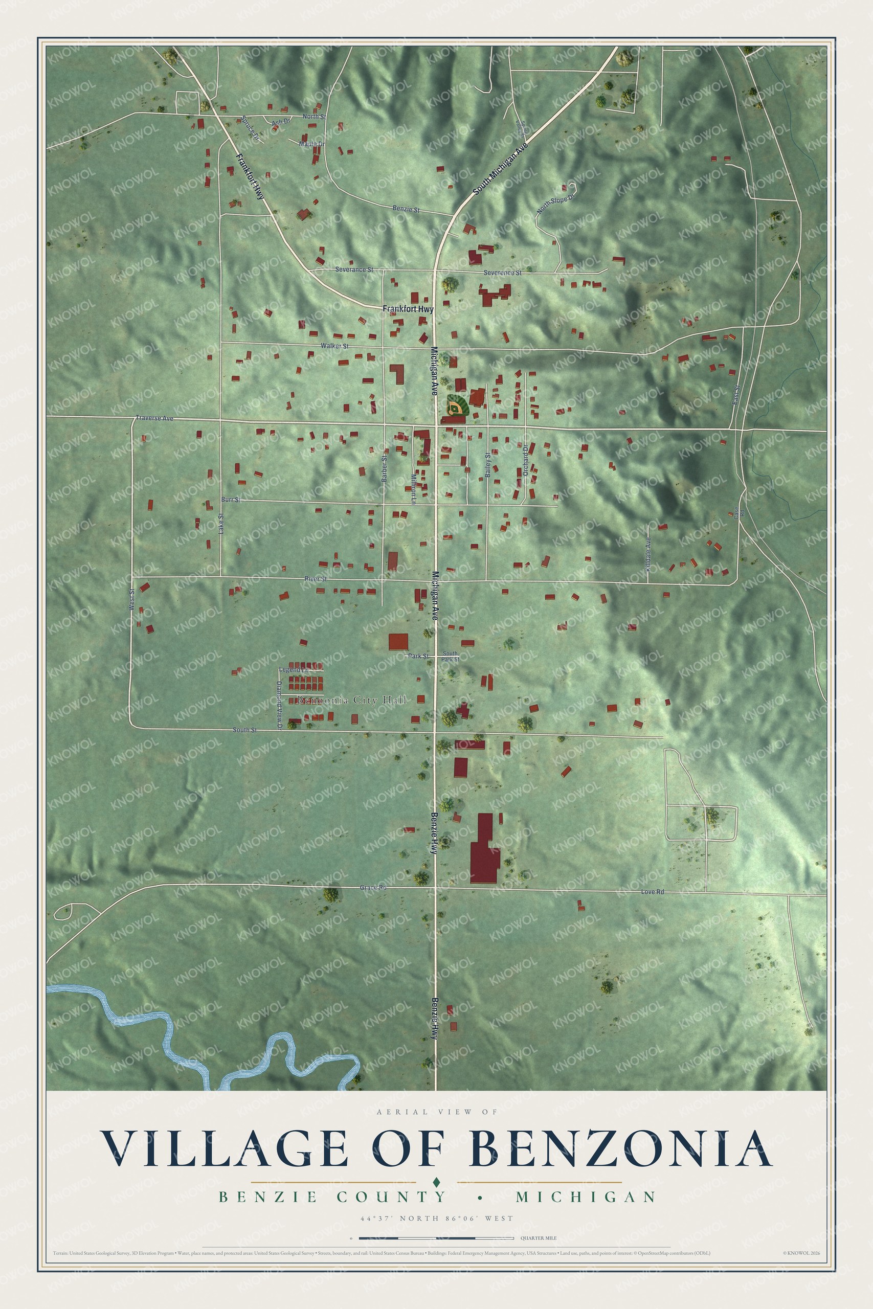 Full map of Benzonia, Michigan, with red buildings, printed street names and the land around them