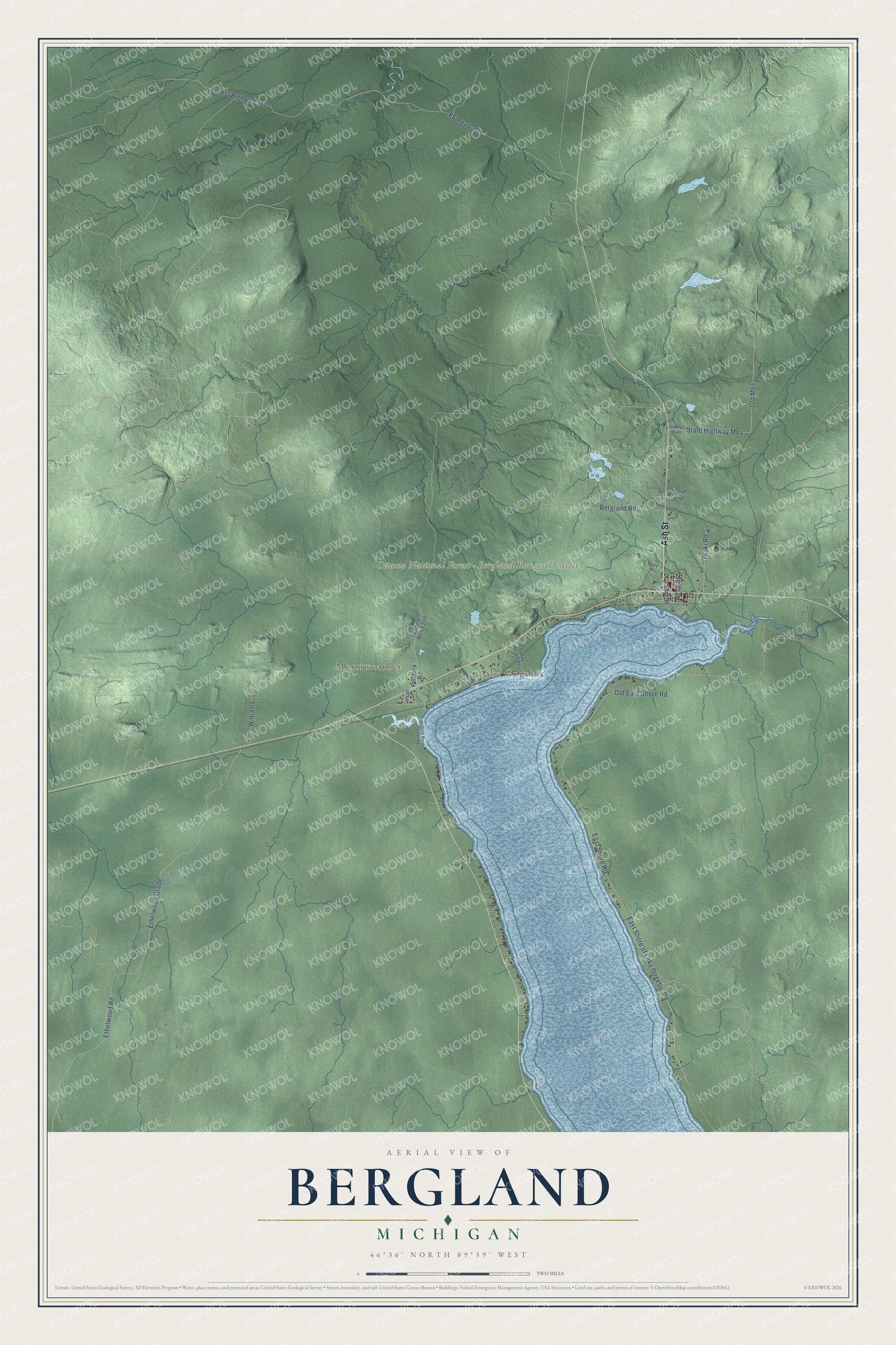 Full map of Bergland, Michigan, with red buildings, printed street names and the land around them