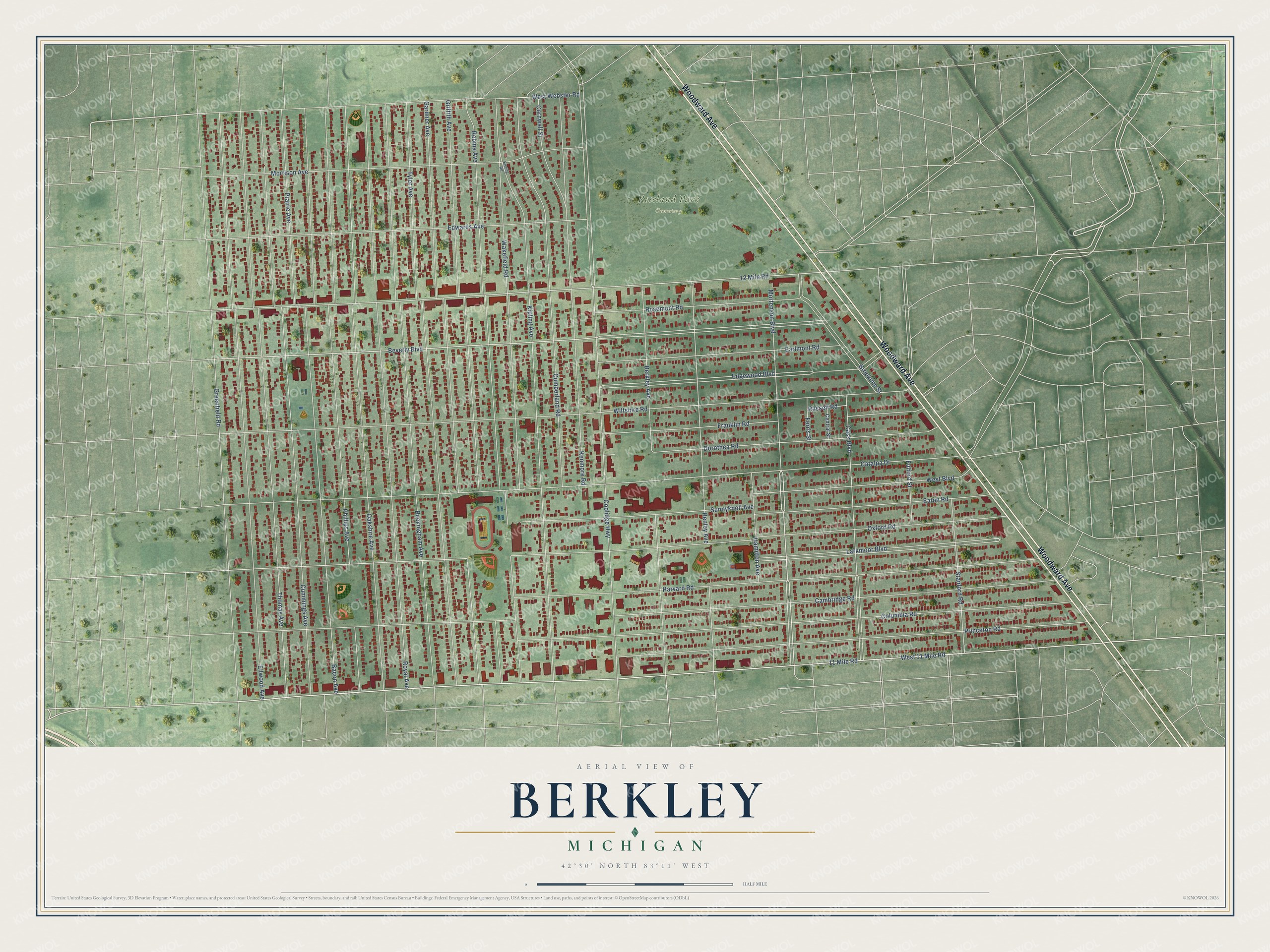 Full map of Berkley, Michigan, with red buildings, printed street names and the land around them