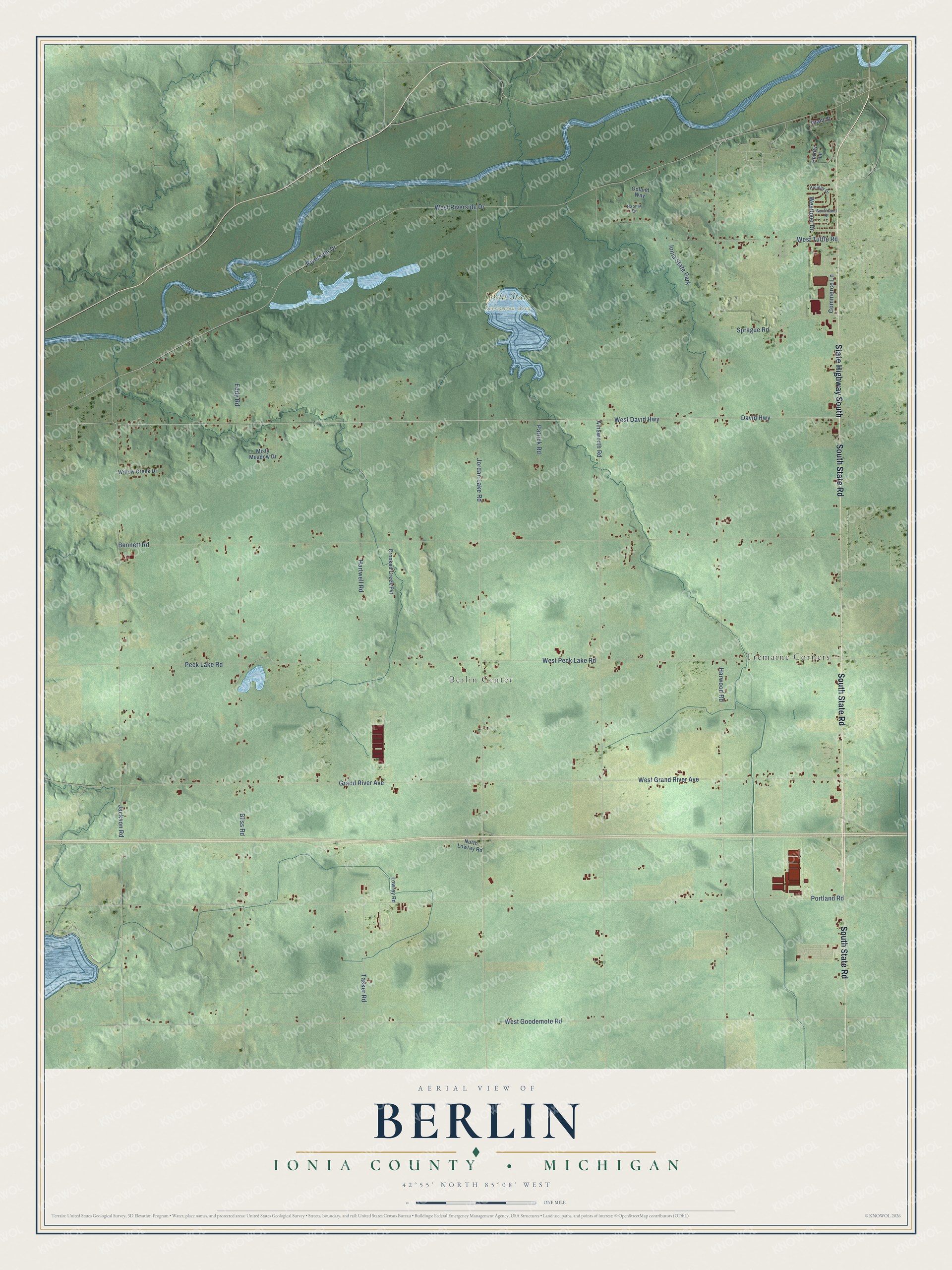 Full map of Berlin, Michigan, with red buildings, printed street names and the land around them