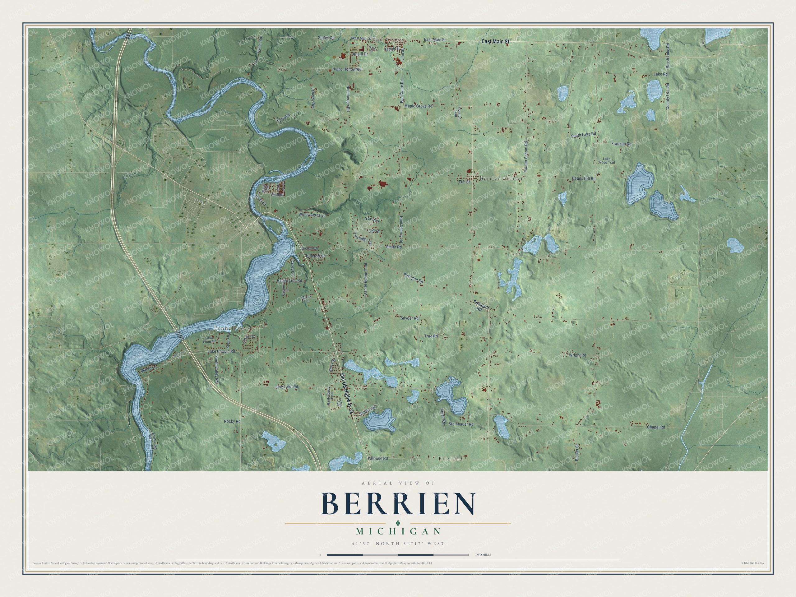 Full map of Berrien, Michigan, with red buildings, printed street names and the land around them