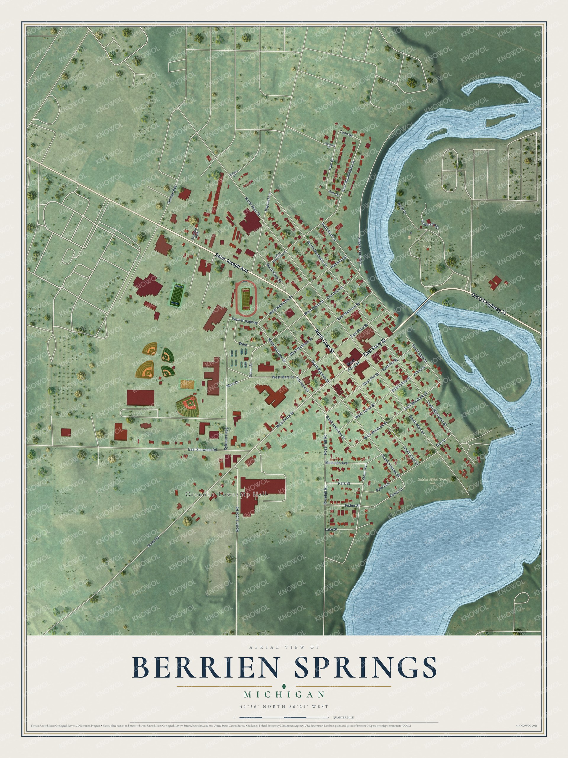 Full map of Berrien Springs, Michigan, with red buildings, printed street names and the land around them