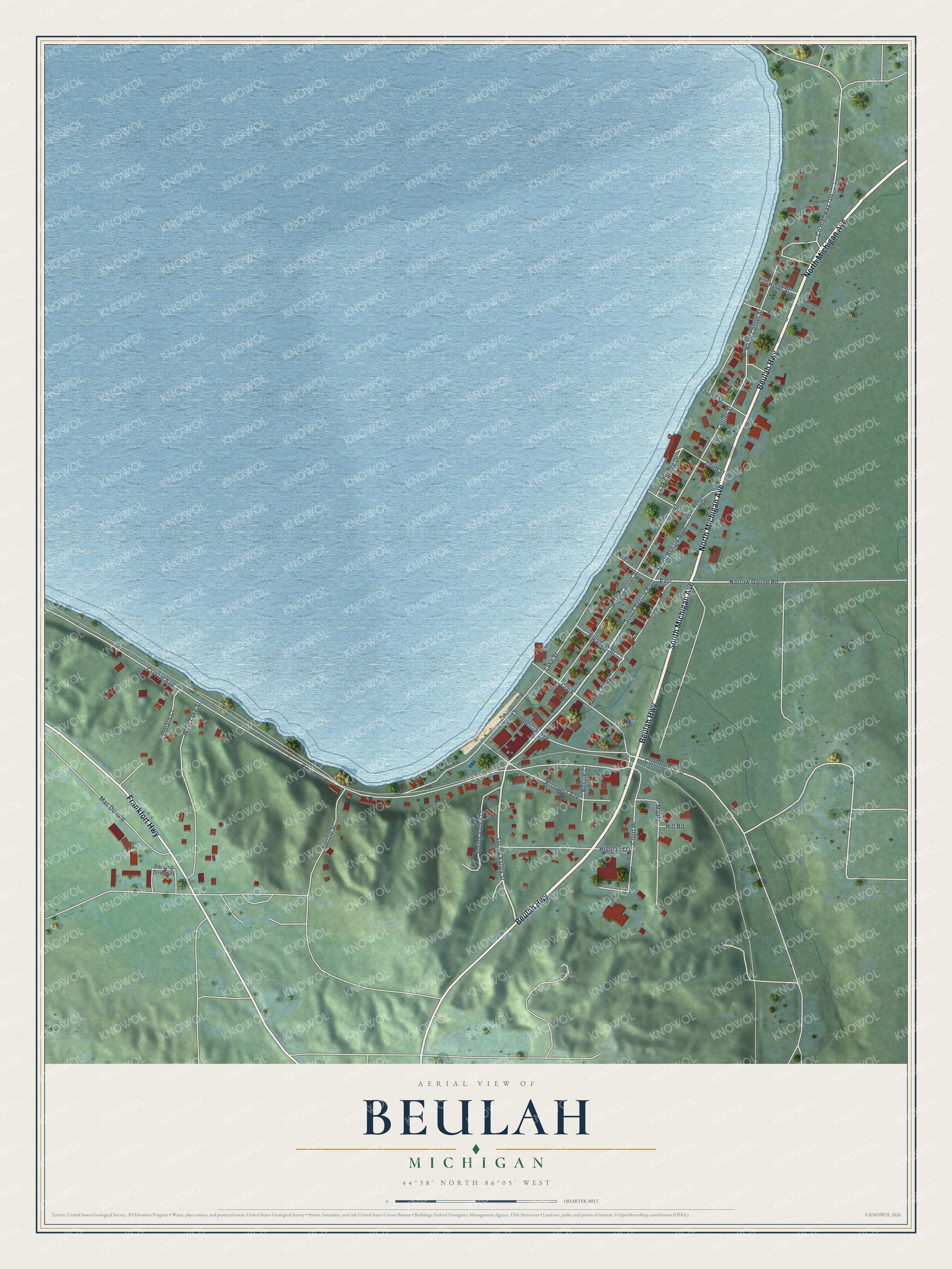 Full map of Beulah, Michigan, with red buildings, printed street names and the land around them