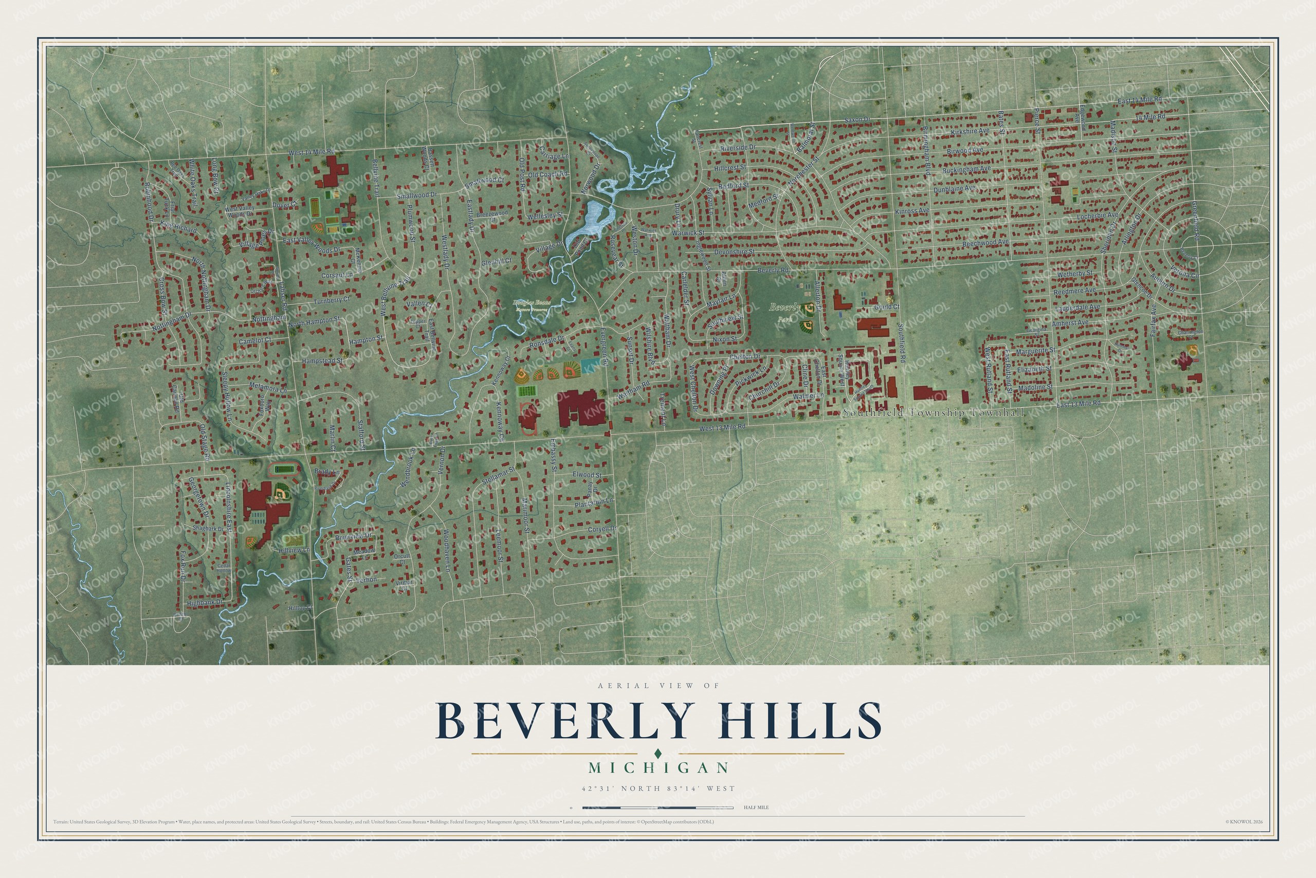 Full map of Beverly Hills, Michigan, with red buildings, printed street names and the land around them