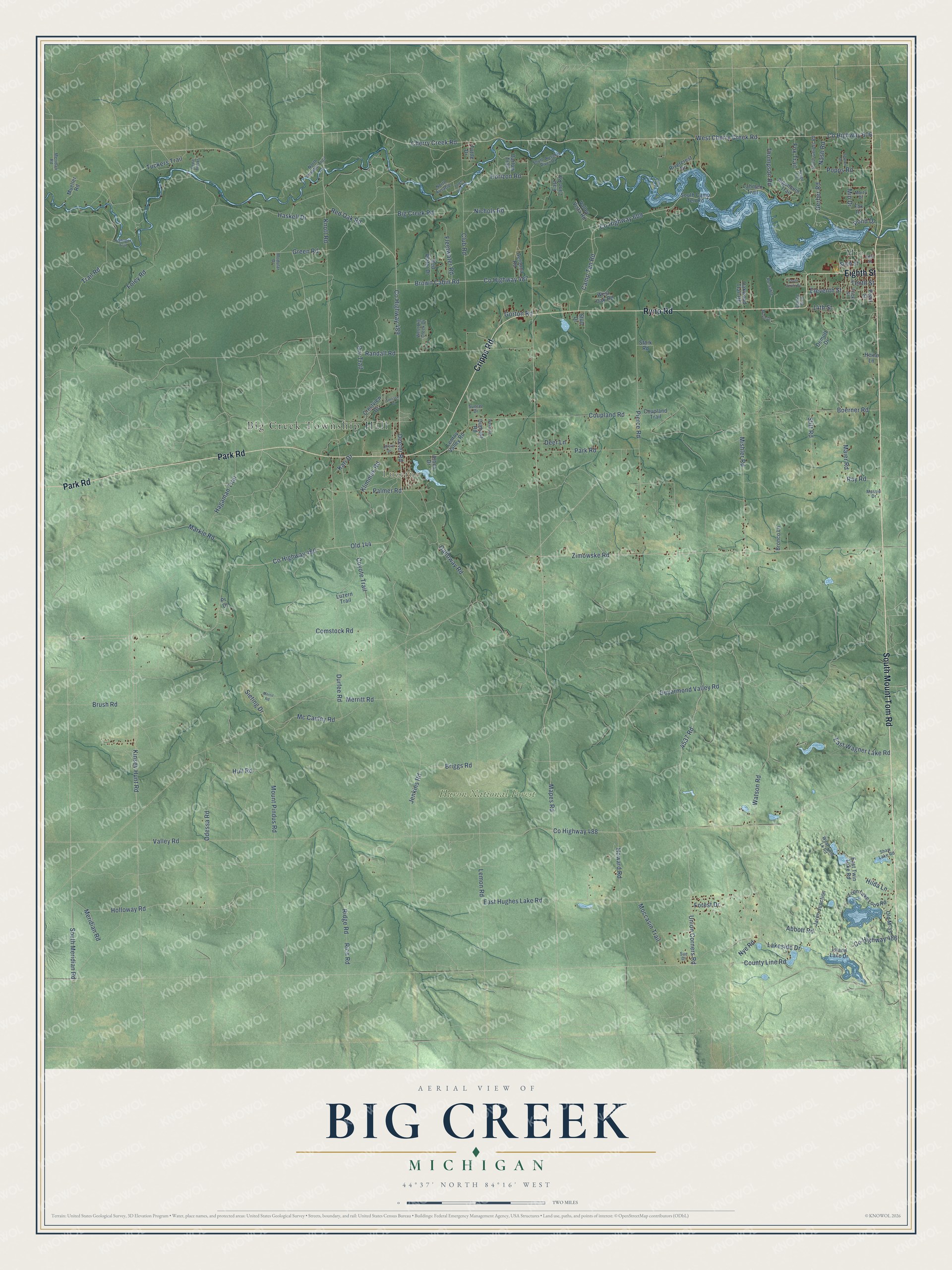 Full map of Big Creek, Michigan, with red buildings, printed street names and the land around them