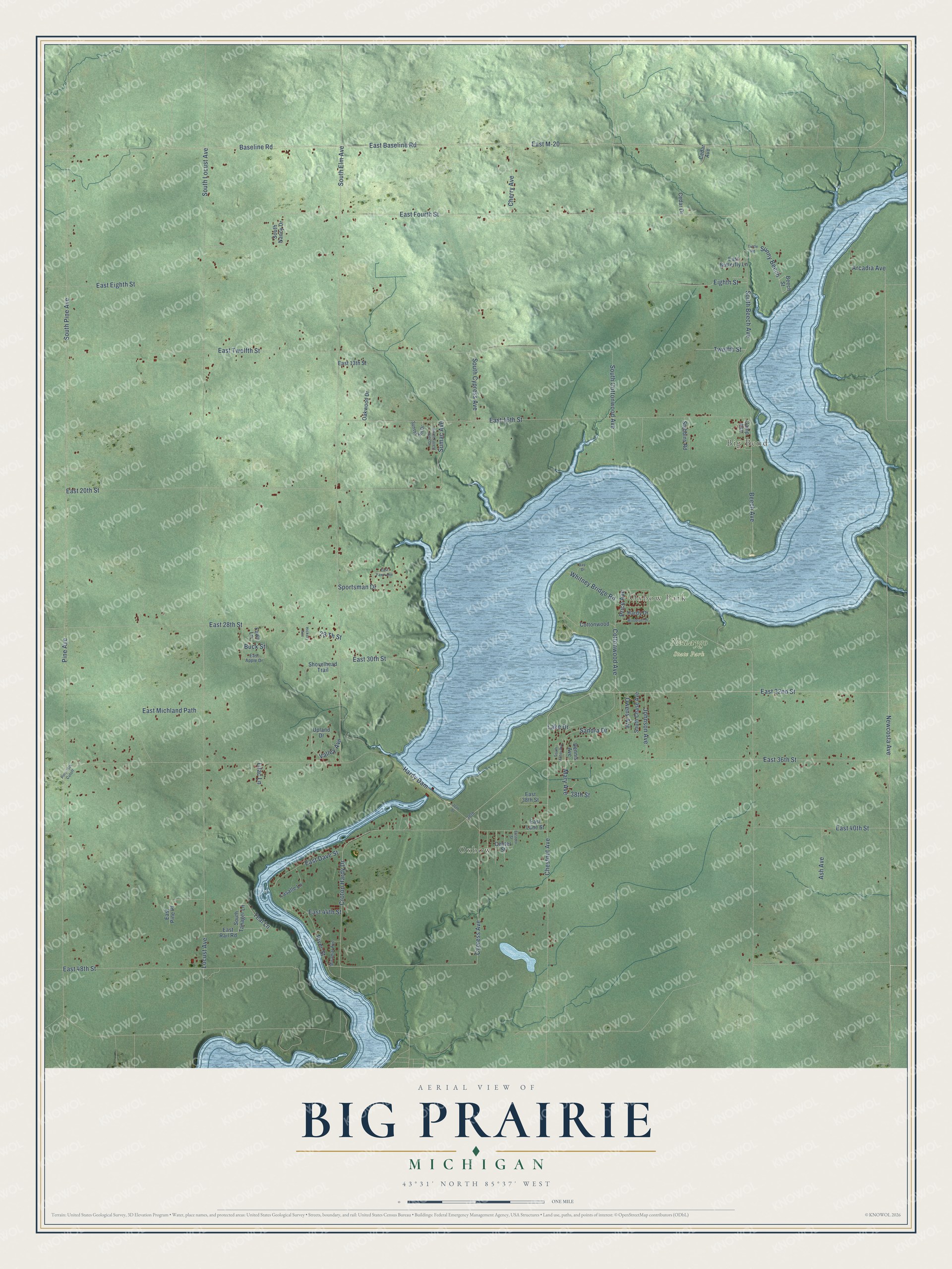 Full map of Big Prairie, Michigan, with red buildings, printed street names and the land around them