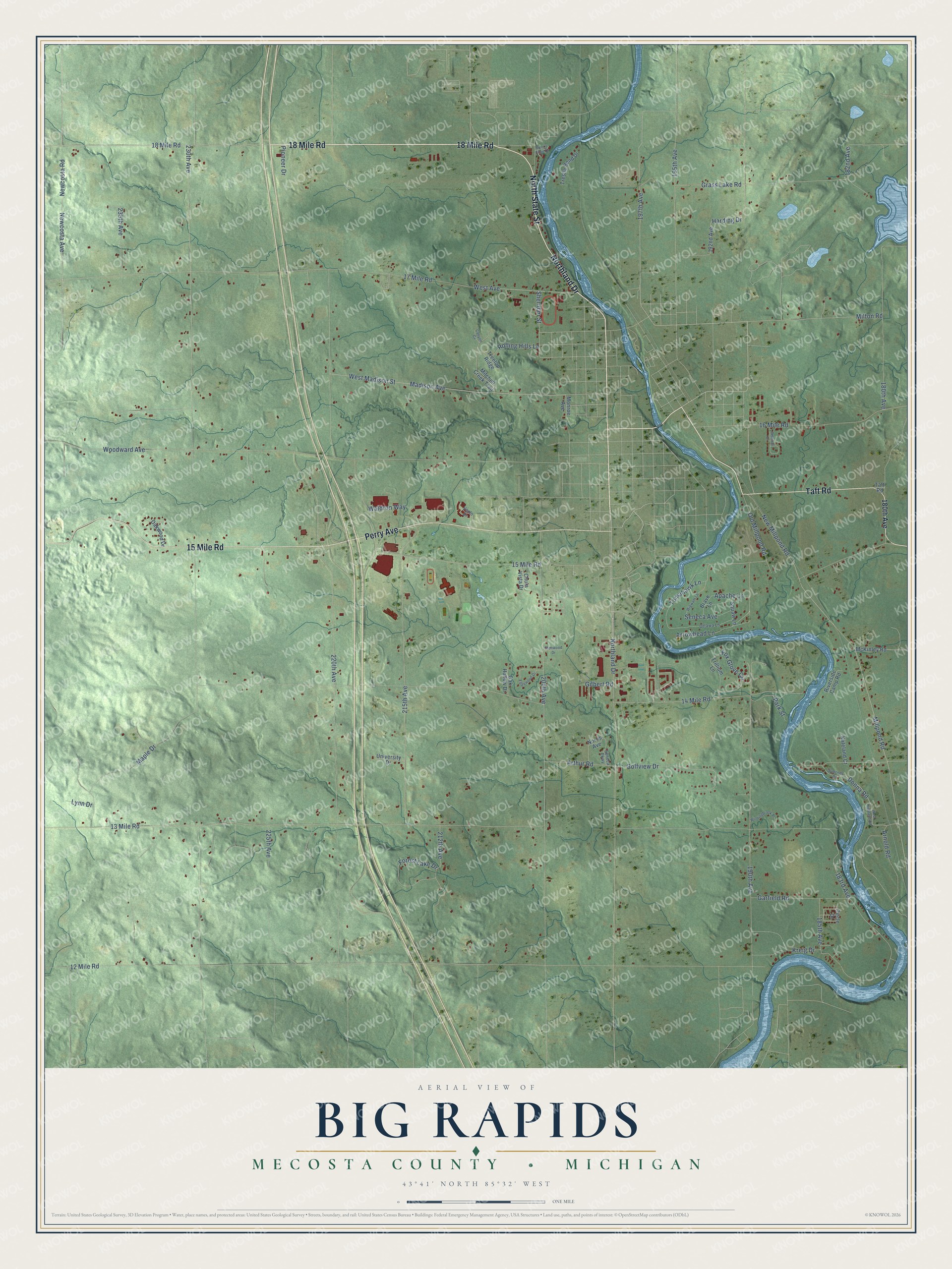 Full map of Big Rapids, Michigan, with red buildings, printed street names and the land around them