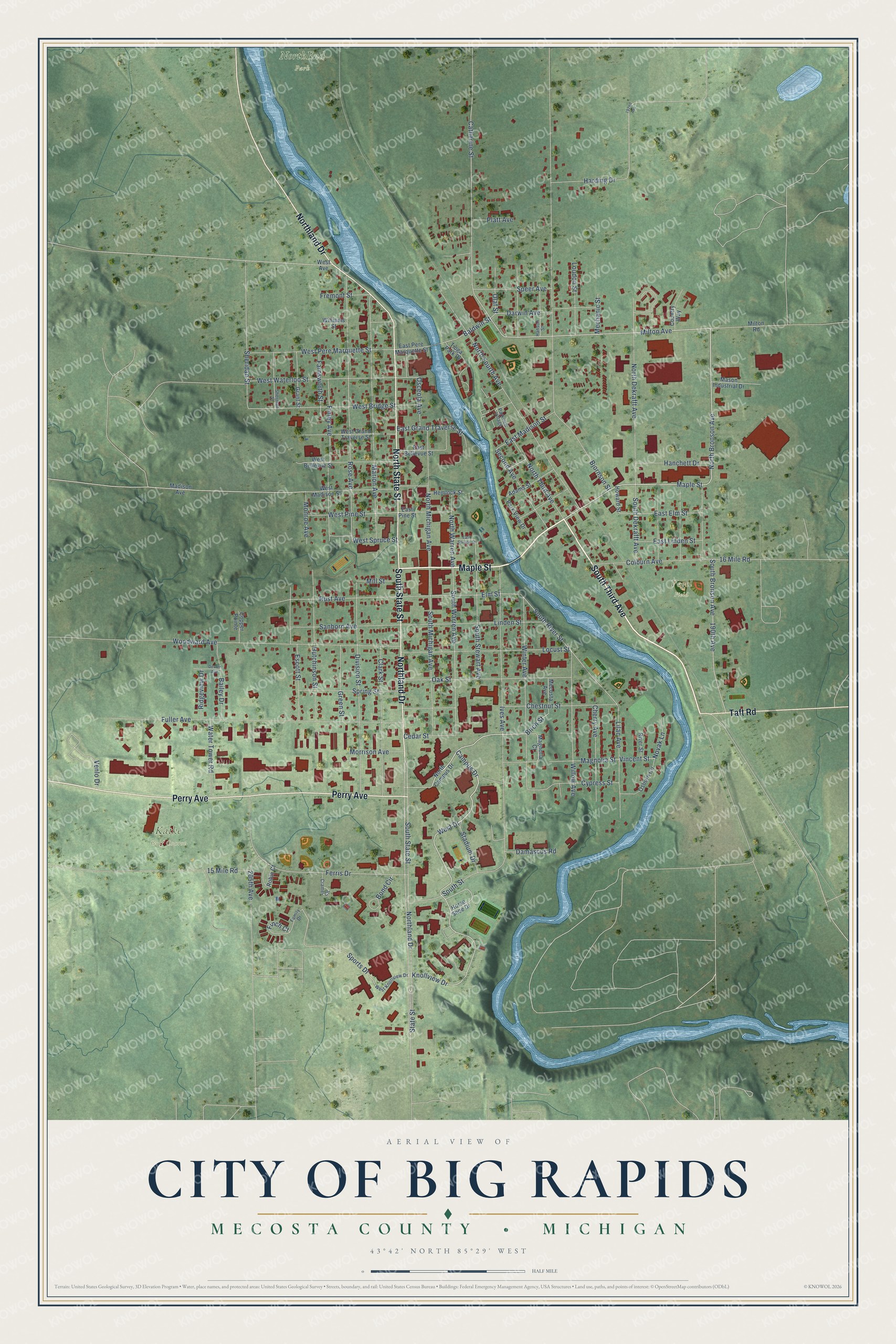 Full map of Big Rapids, Michigan, with red buildings, printed street names and the land around them