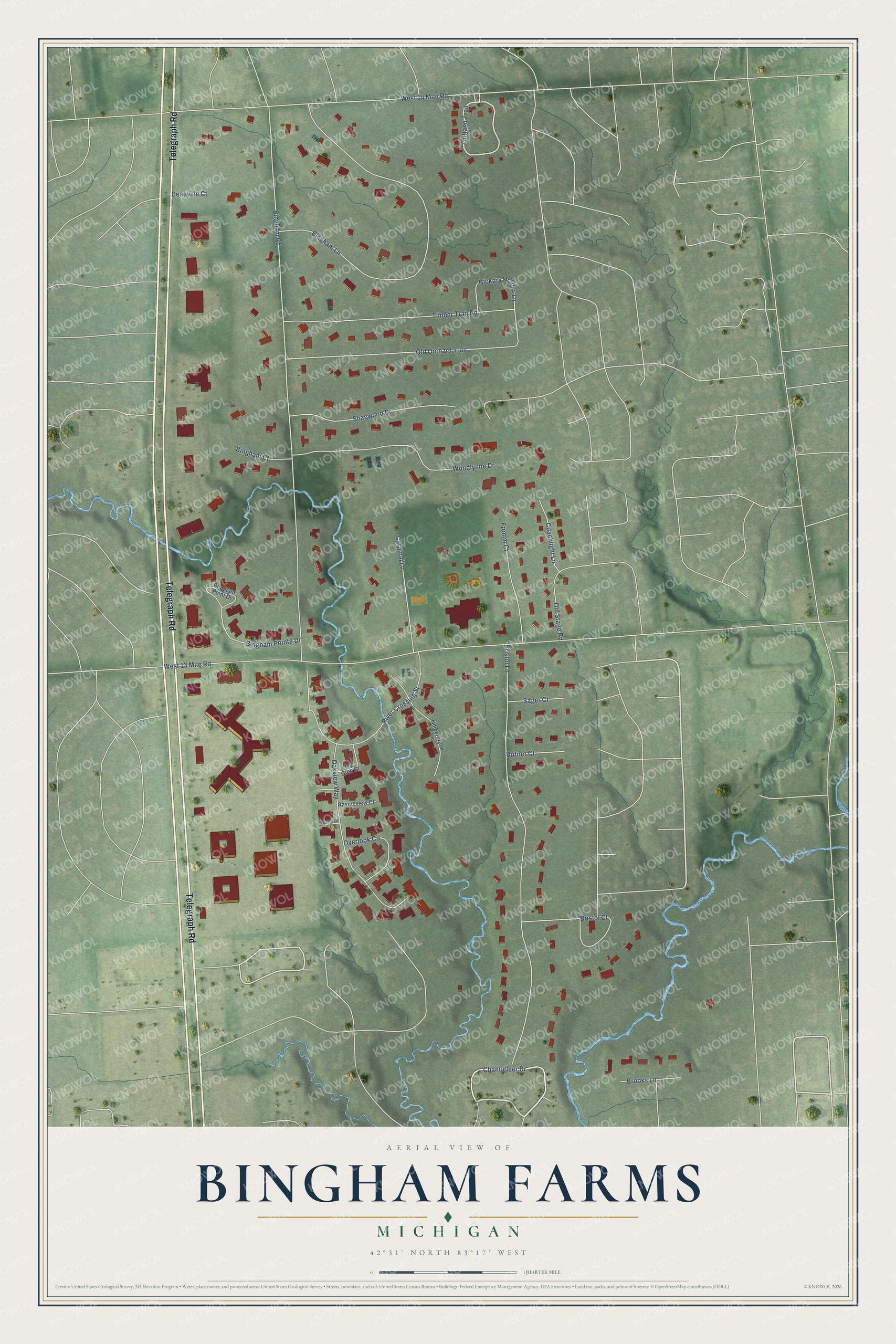 Full map of Bingham Farms, Michigan, with red buildings, printed street names and the land around them