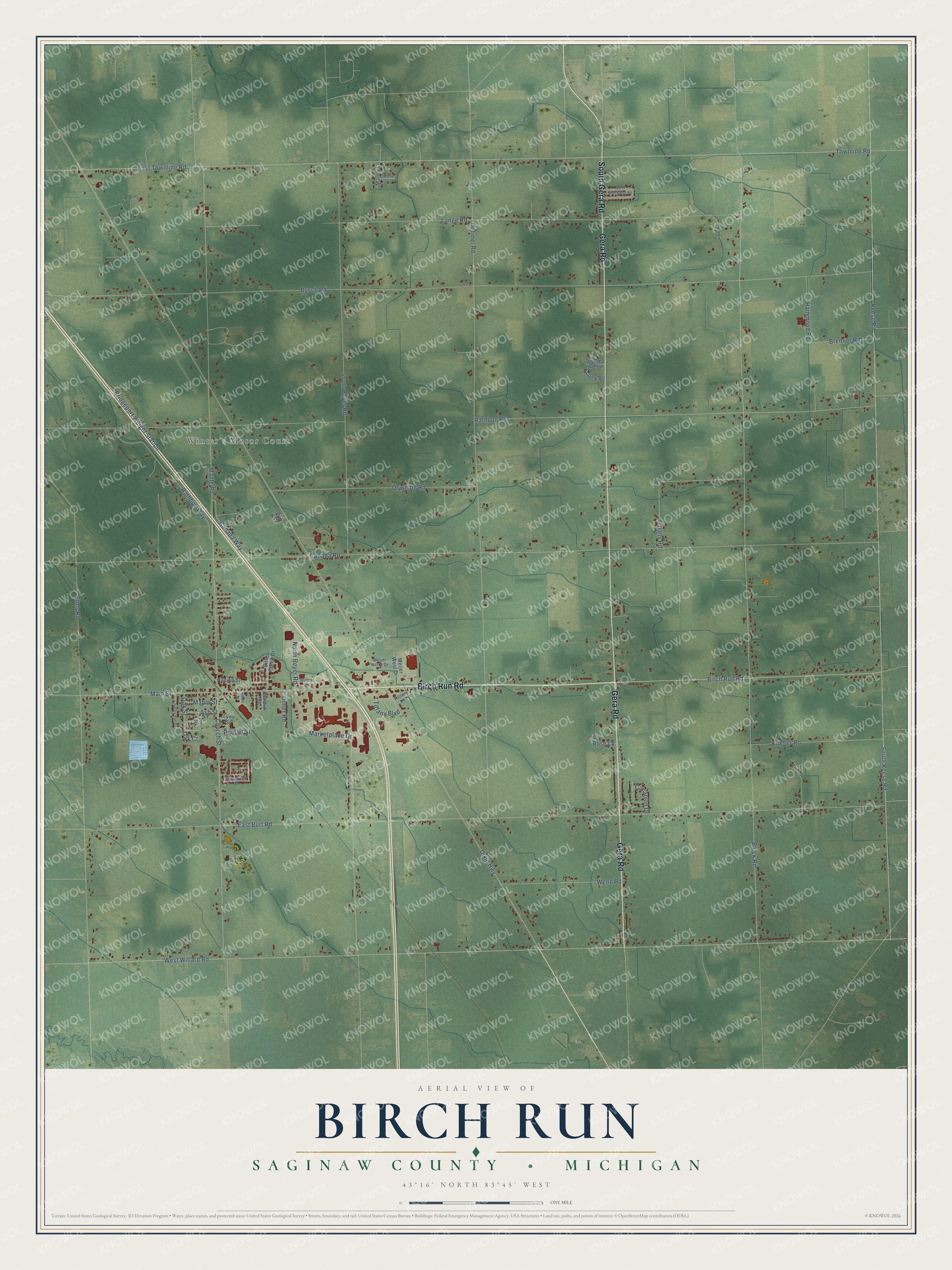 Full map of Birch Run, Michigan, with red buildings, printed street names and the land around them