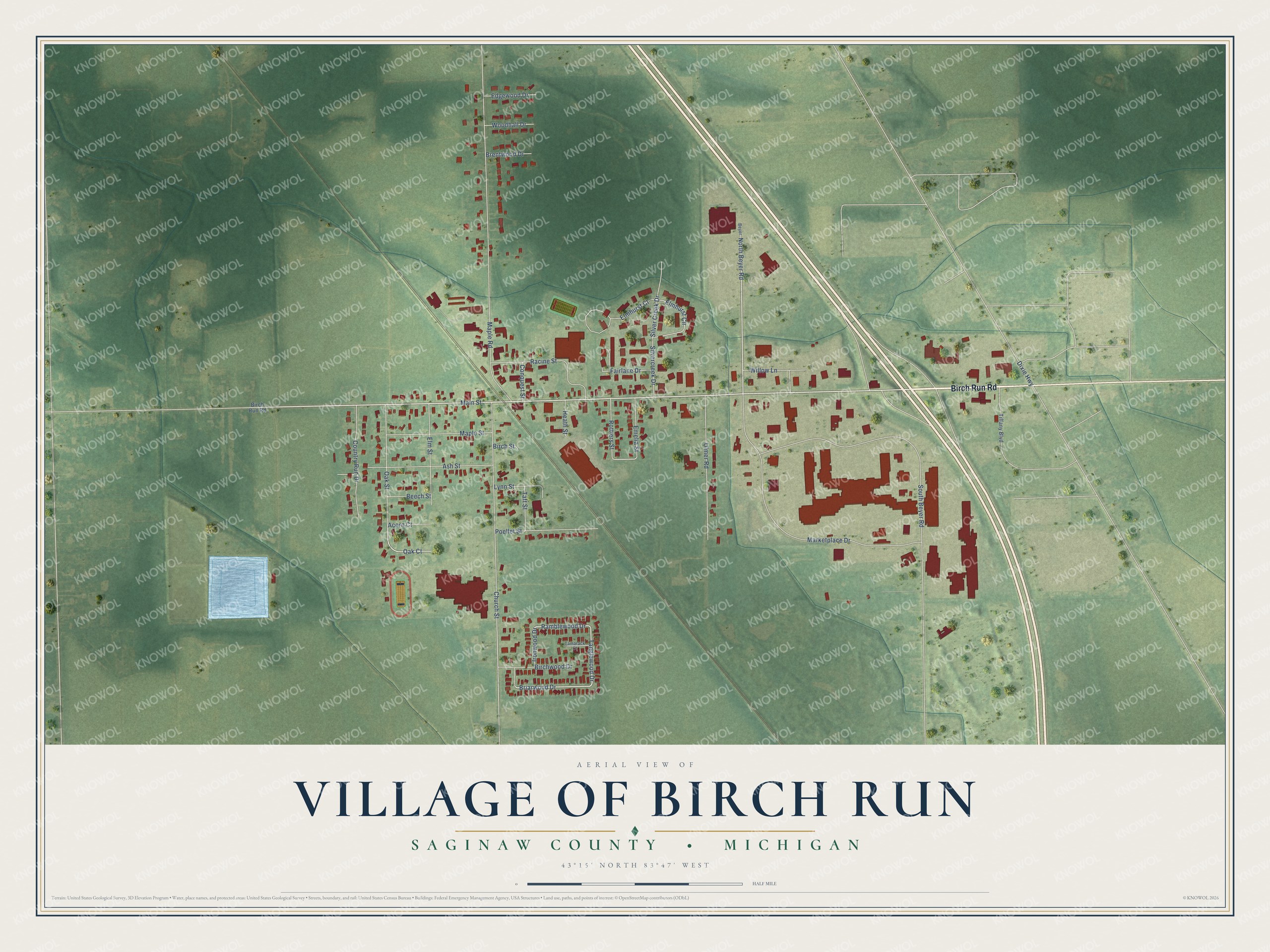 Watermarked full-map preview of Birch Run, Michigan