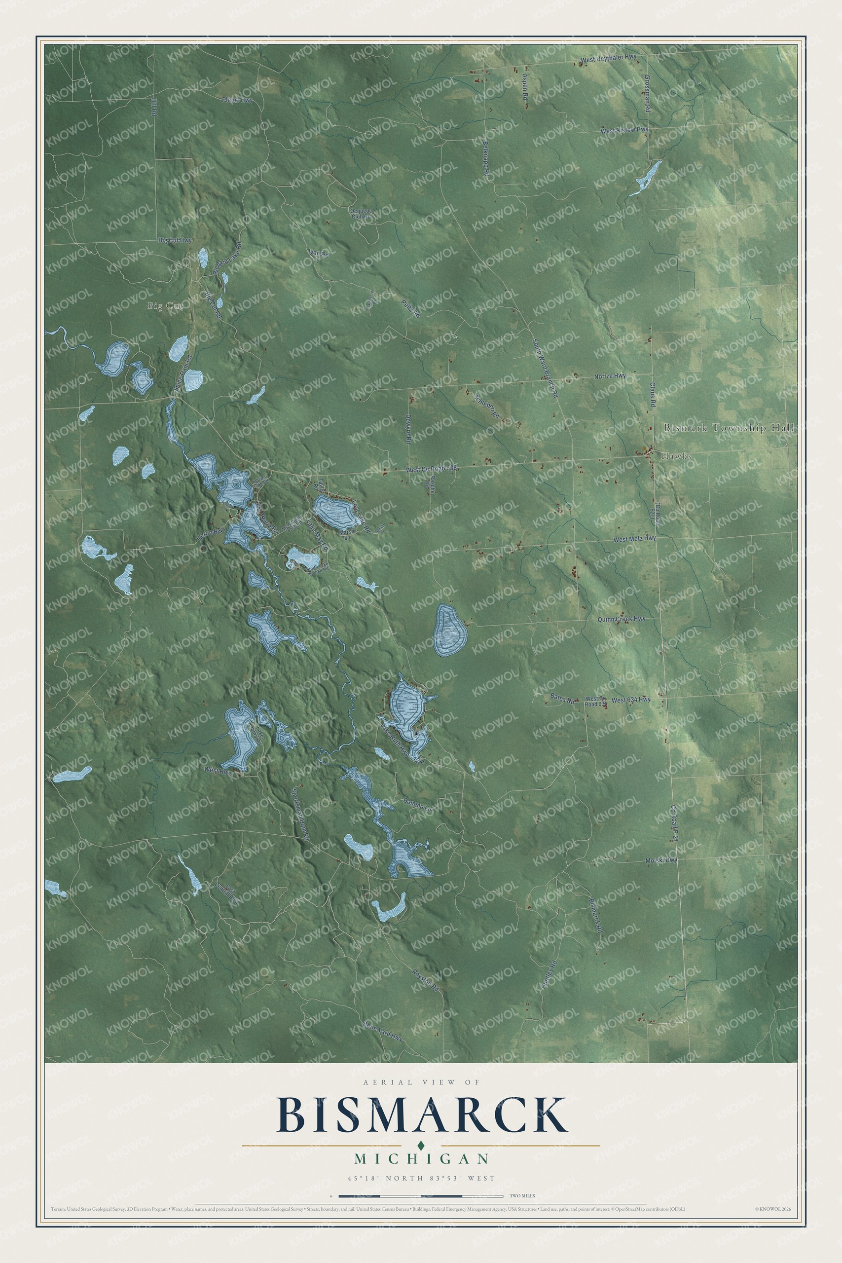 Full map of Bismarck, Michigan, with red buildings, printed street names and the land around them