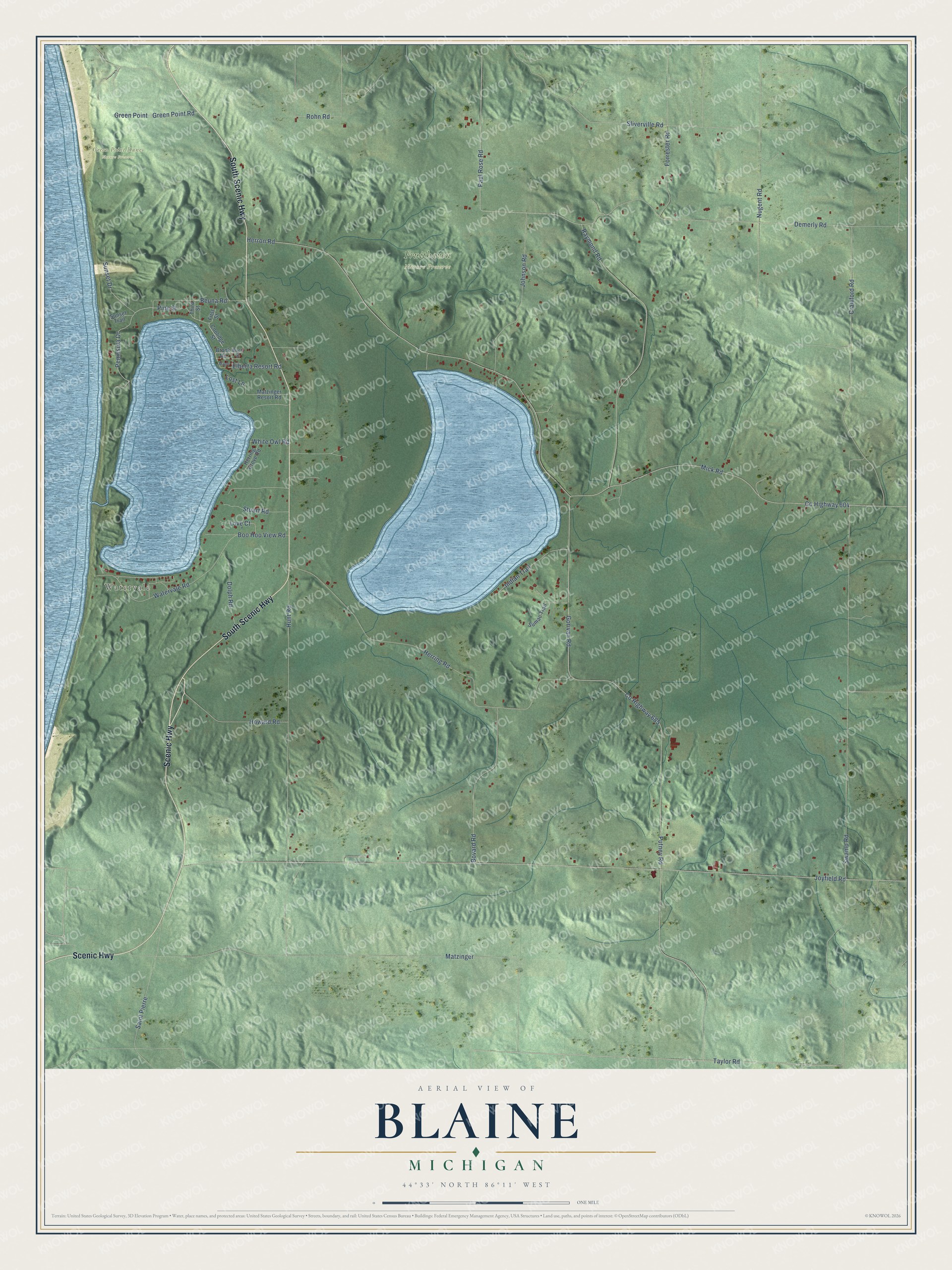 Full map of Blaine, Michigan, with red buildings, printed street names and the land around them