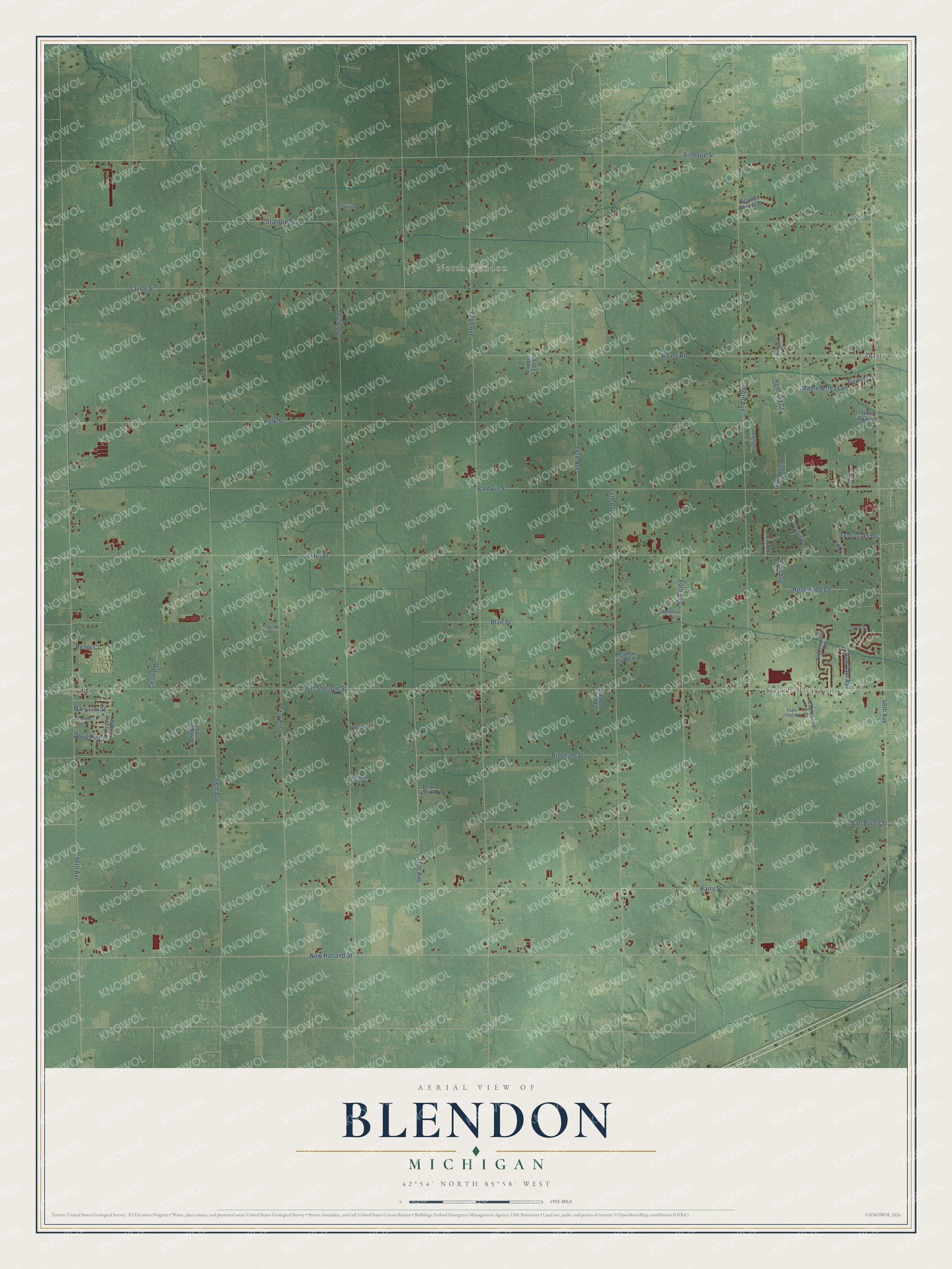 Full map of Blendon, Michigan, with red buildings, printed street names and the land around them