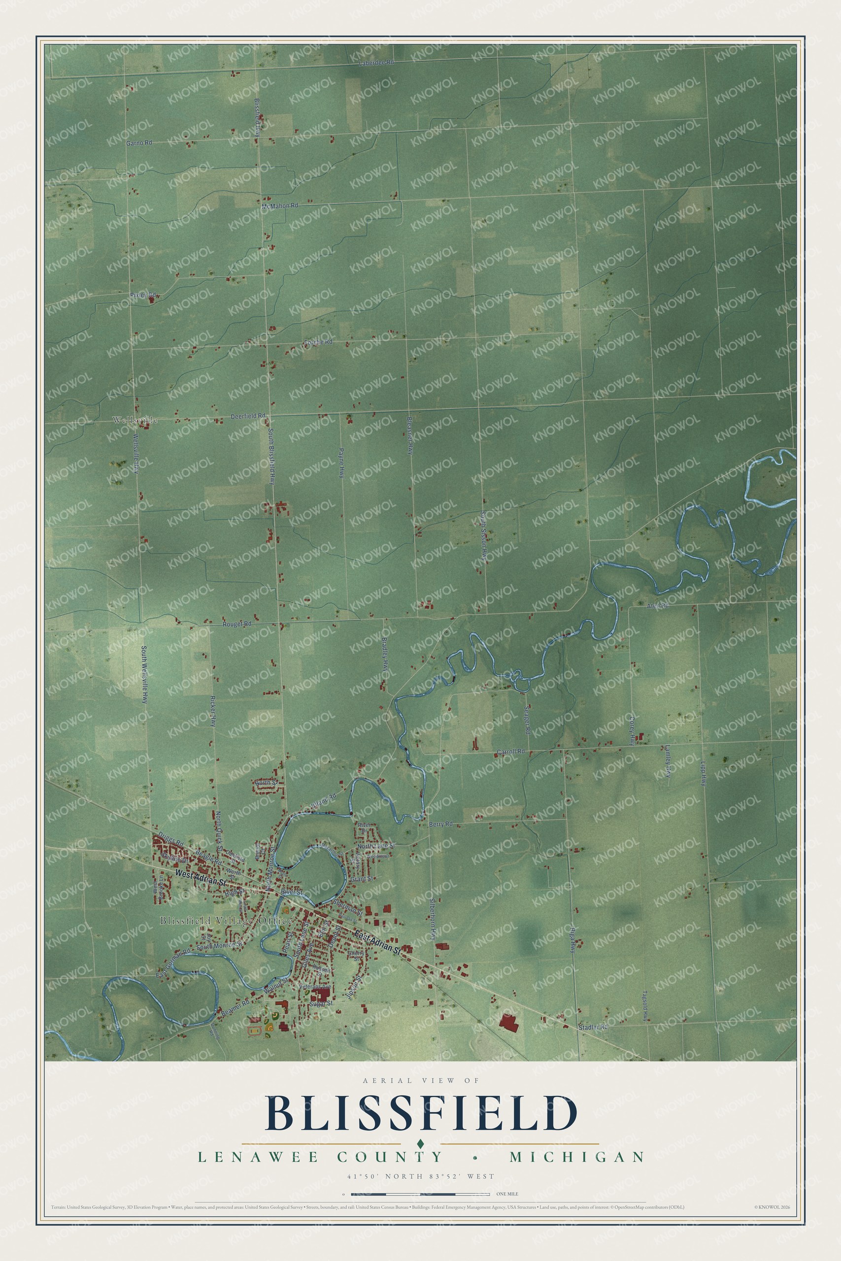 Full map of Blissfield, Michigan, with red buildings, printed street names and the land around them