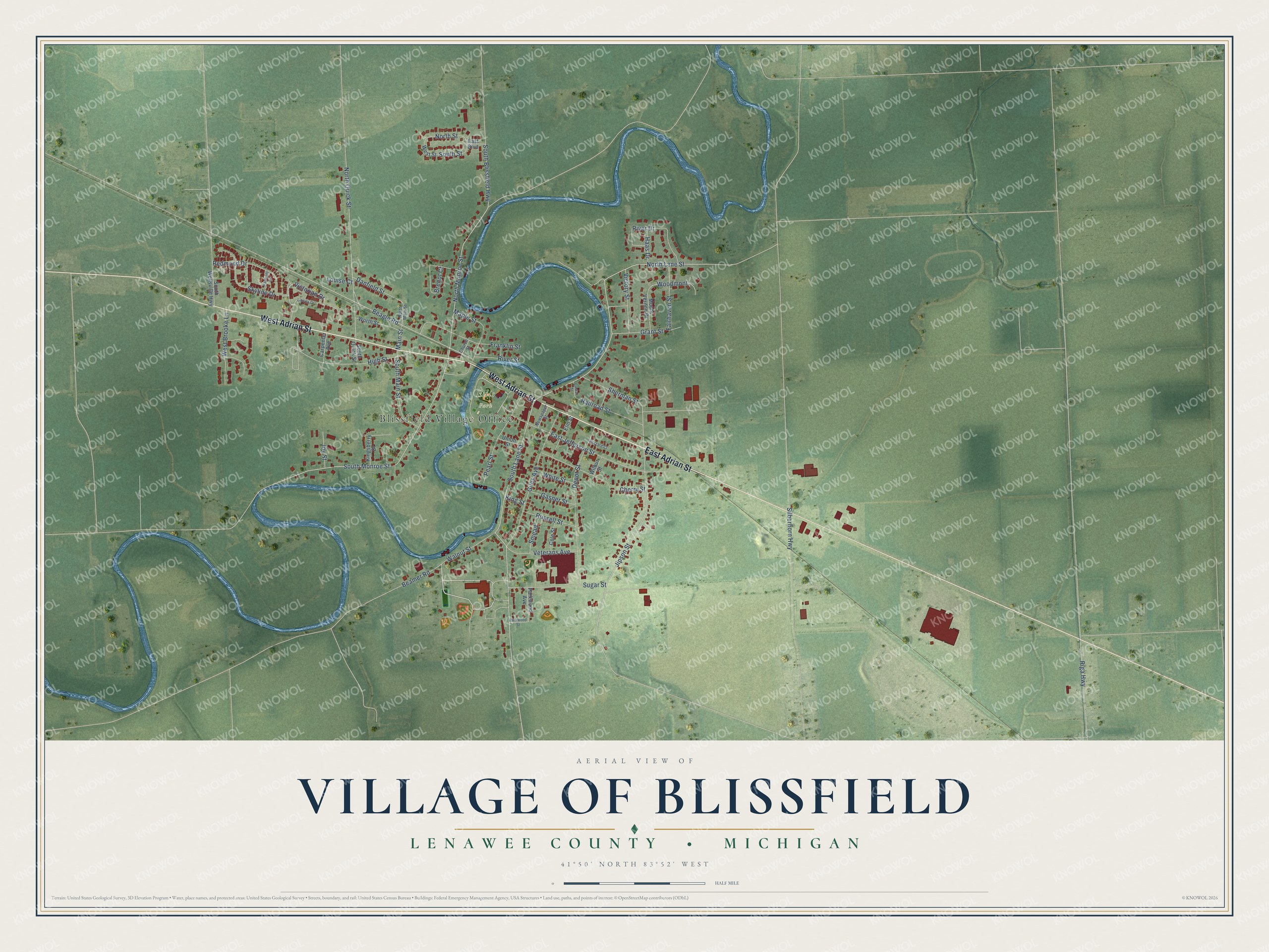 Full map of Blissfield, Michigan, with red buildings, printed street names and the land around them