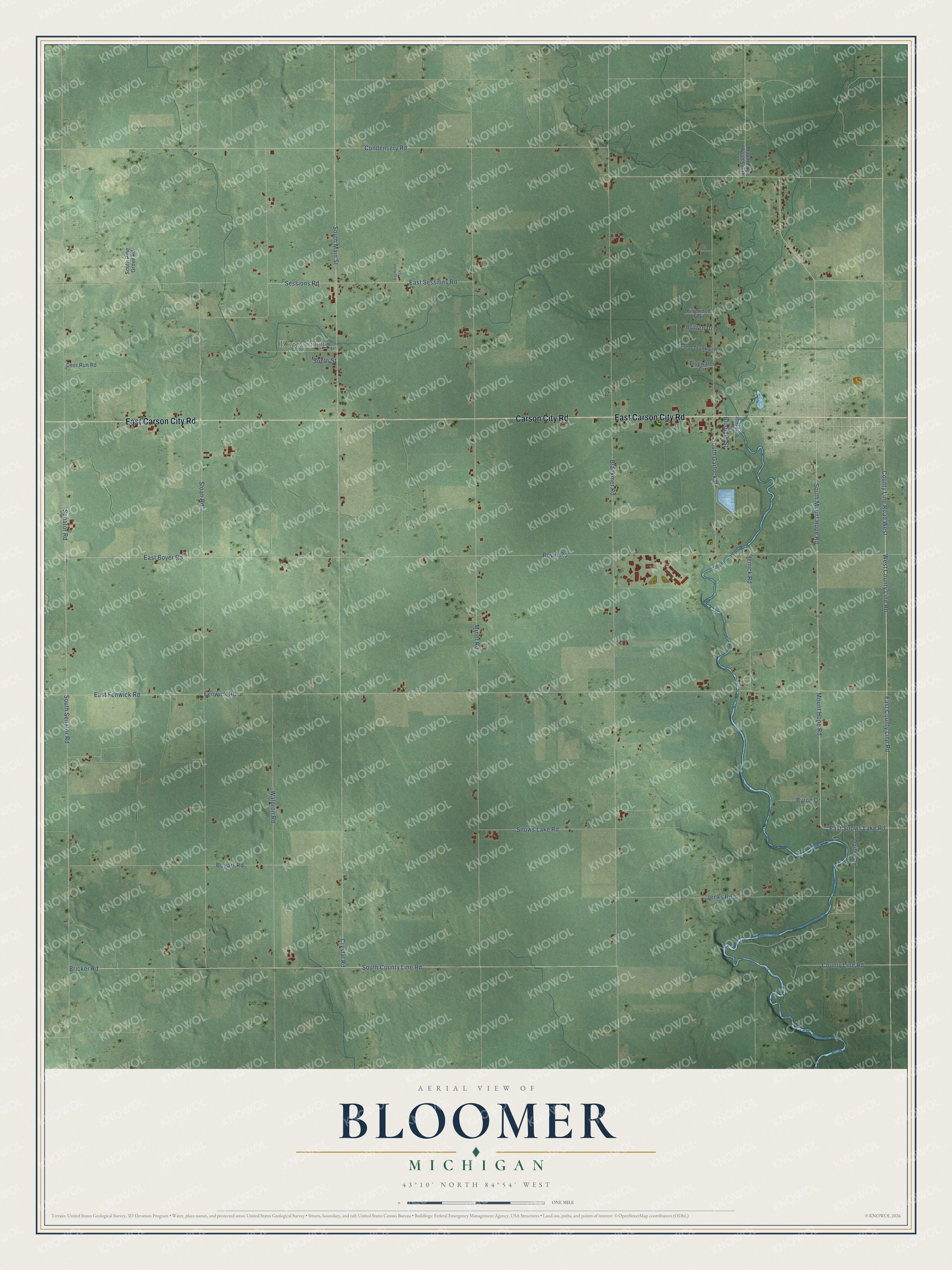 Full map of Bloomer, Michigan, with red buildings, printed street names and the land around them