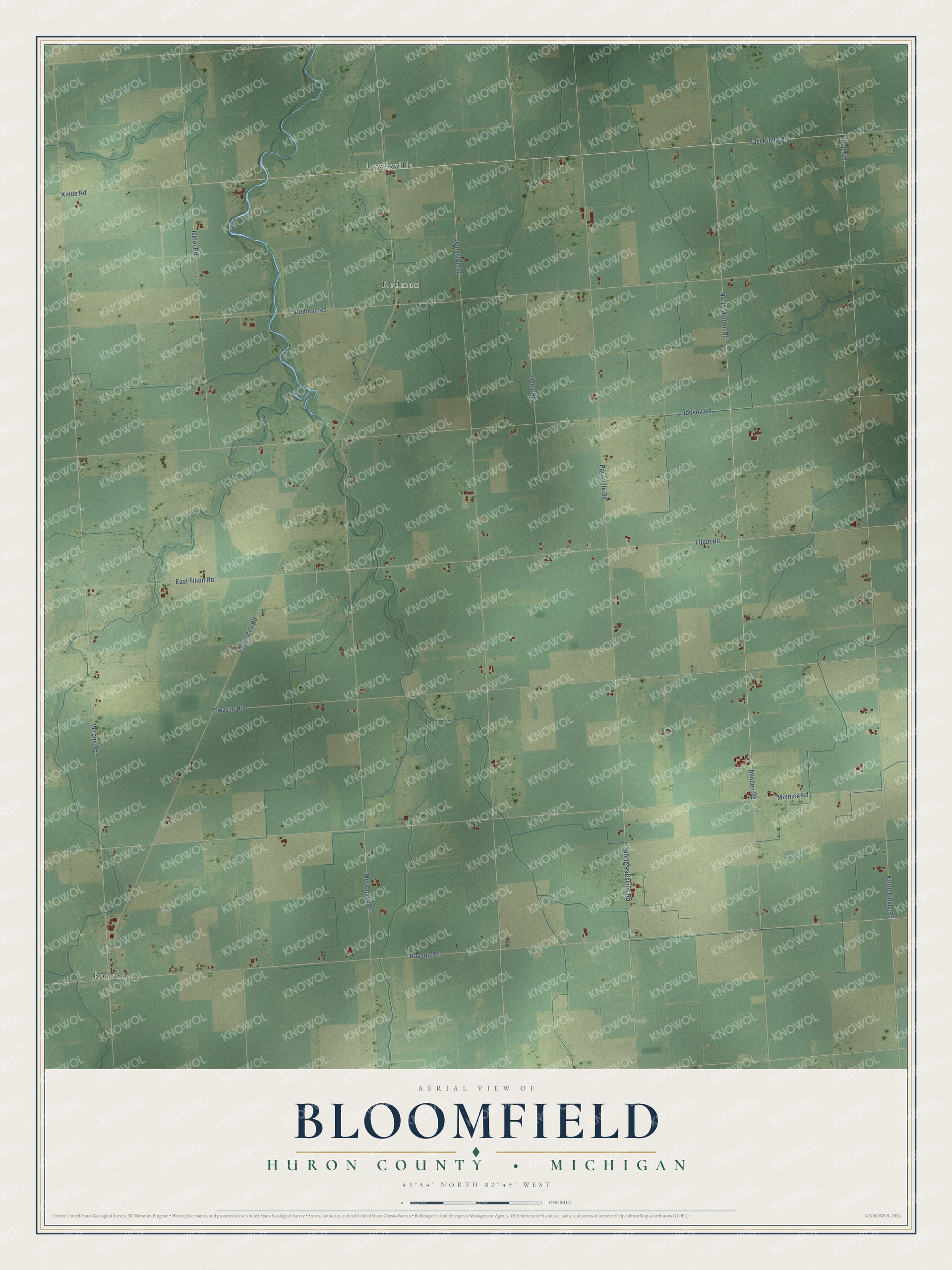 Full map of Bloomfield, Michigan, with red buildings, printed street names and the land around them