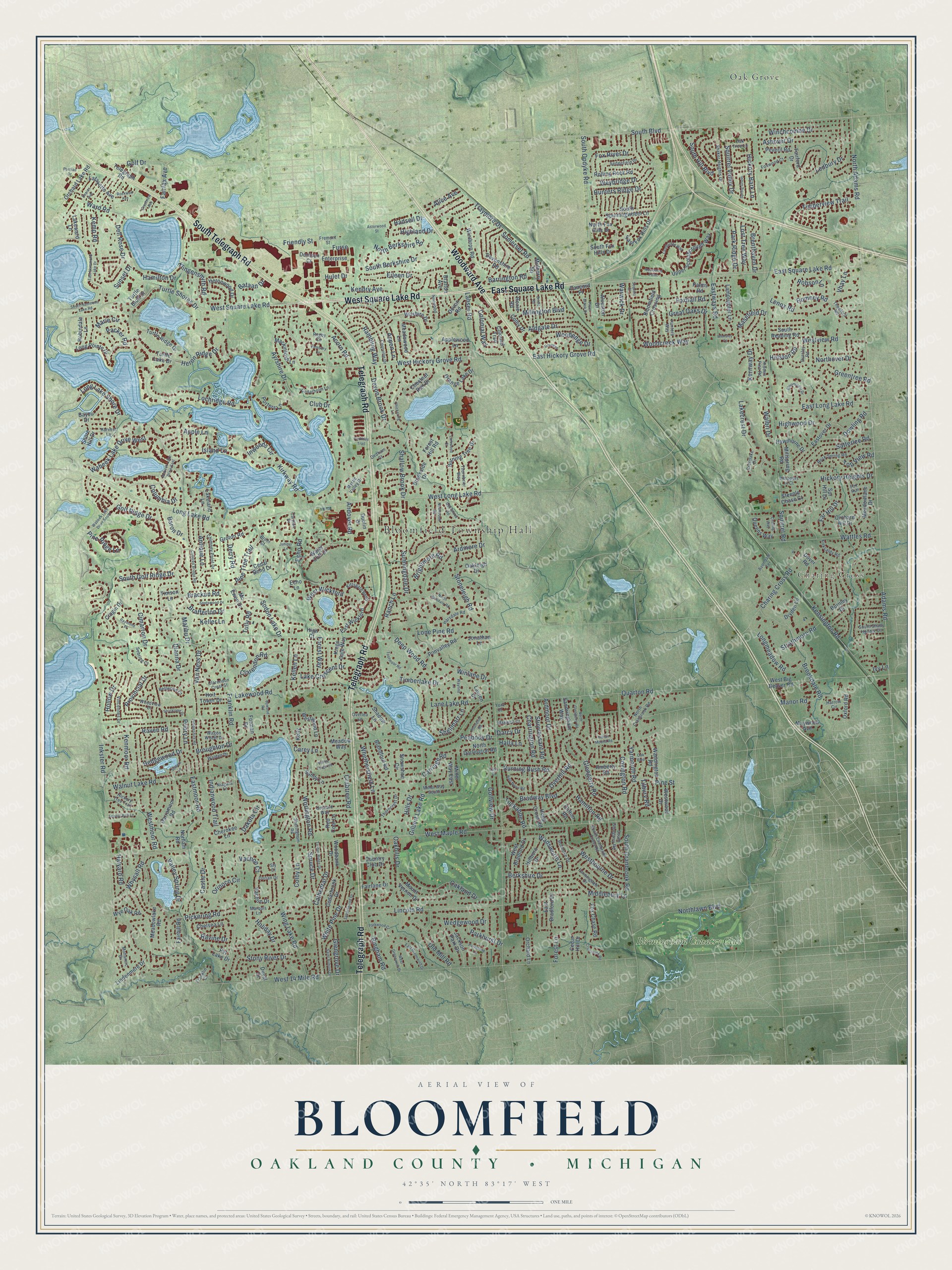 Full map of Bloomfield, Michigan, with red buildings, printed street names and the land around them