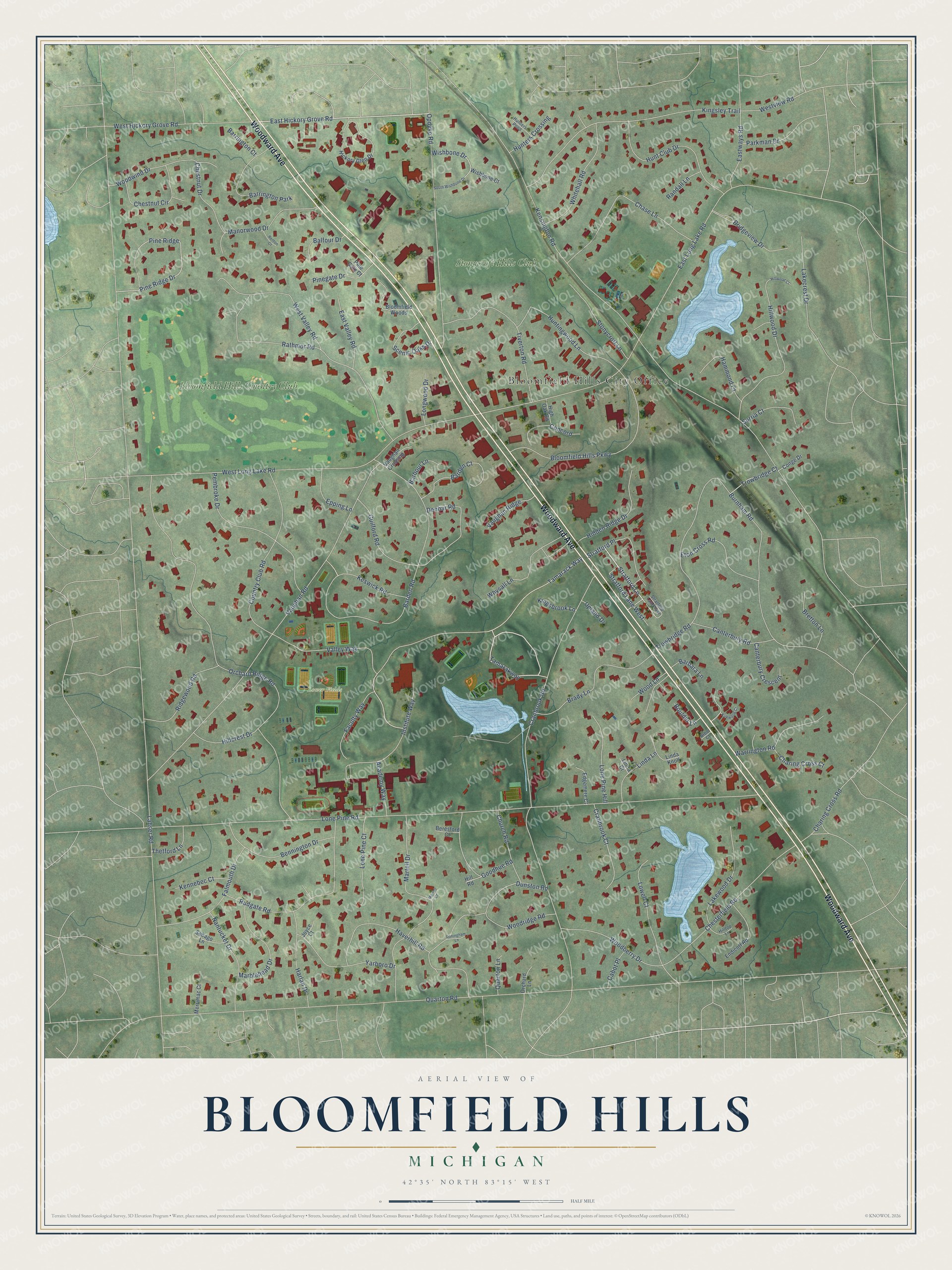 Full map of Bloomfield Hills, Michigan, with red buildings, printed street names and the land around them
