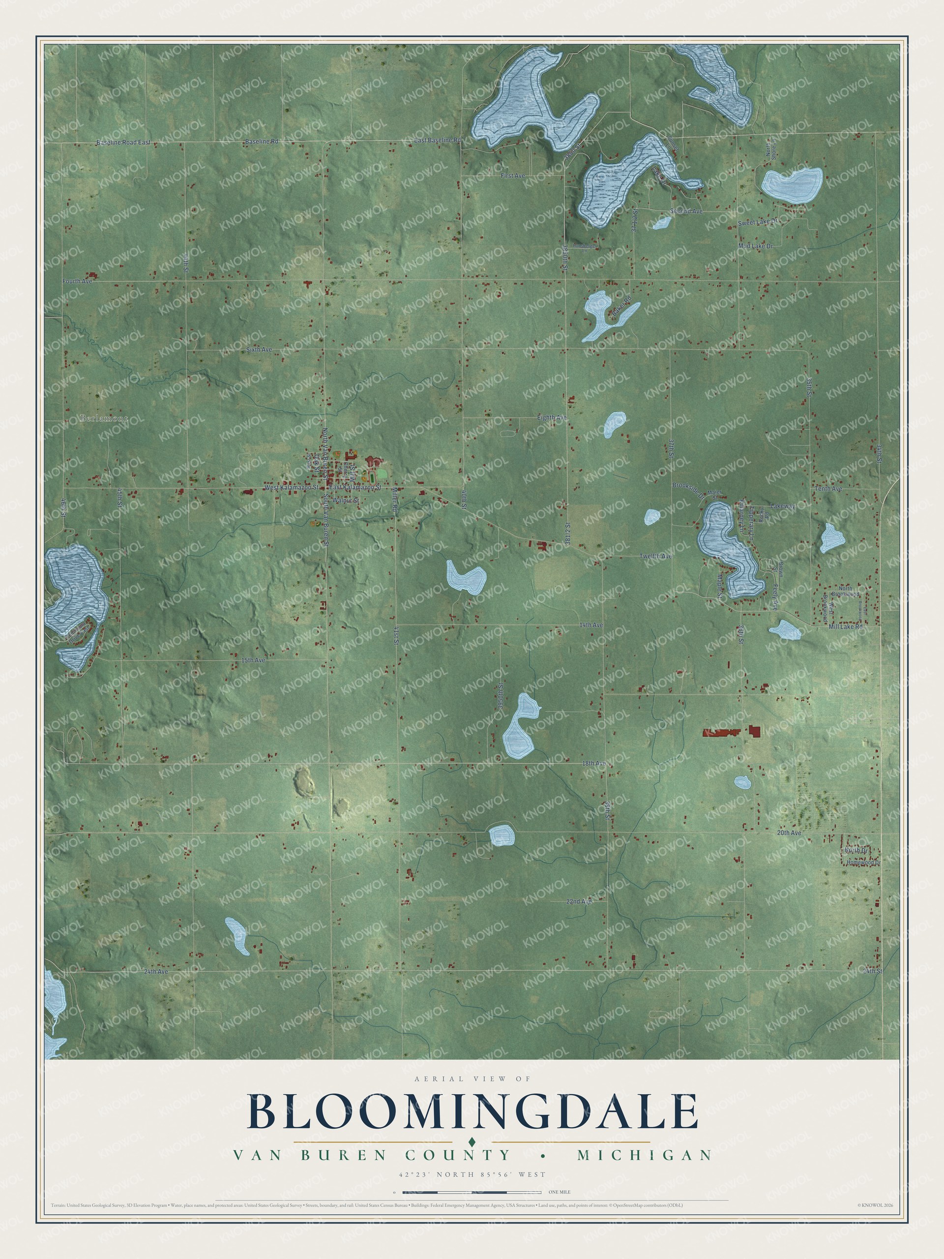 Full map of Bloomingdale, Michigan, with red buildings, printed street names and the land around them