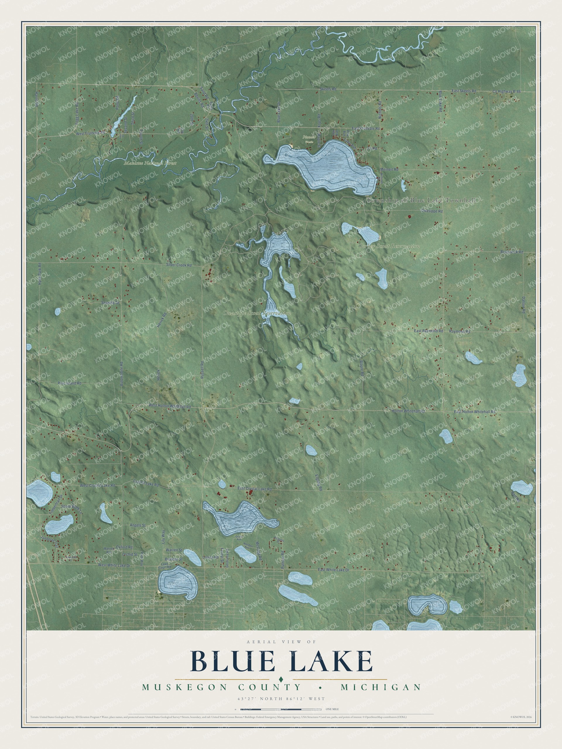 Full map of Blue Lake, Michigan, with red buildings, printed street names and the land around them