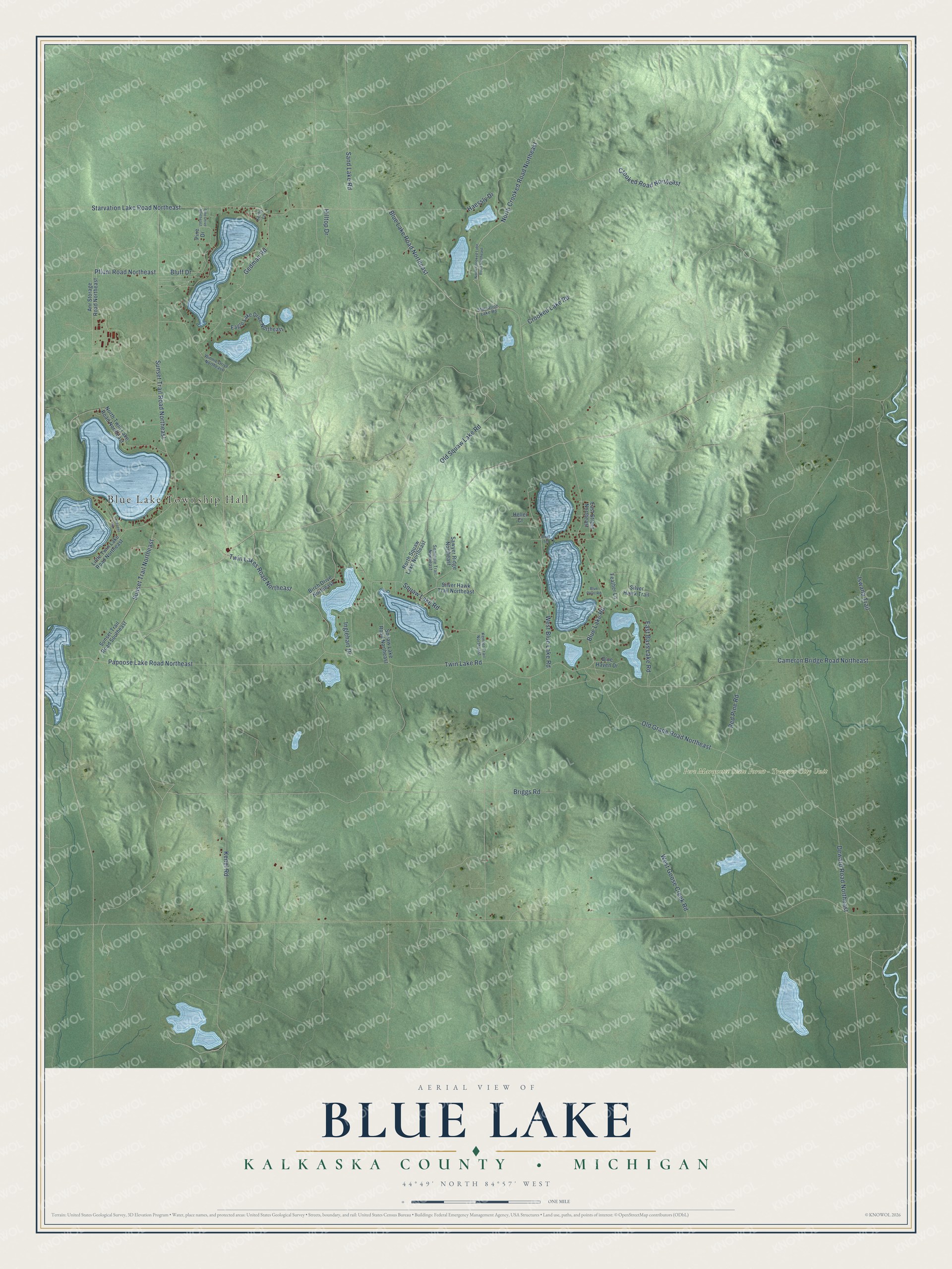 Full map of Blue Lake, Michigan, with red buildings, printed street names and the land around them