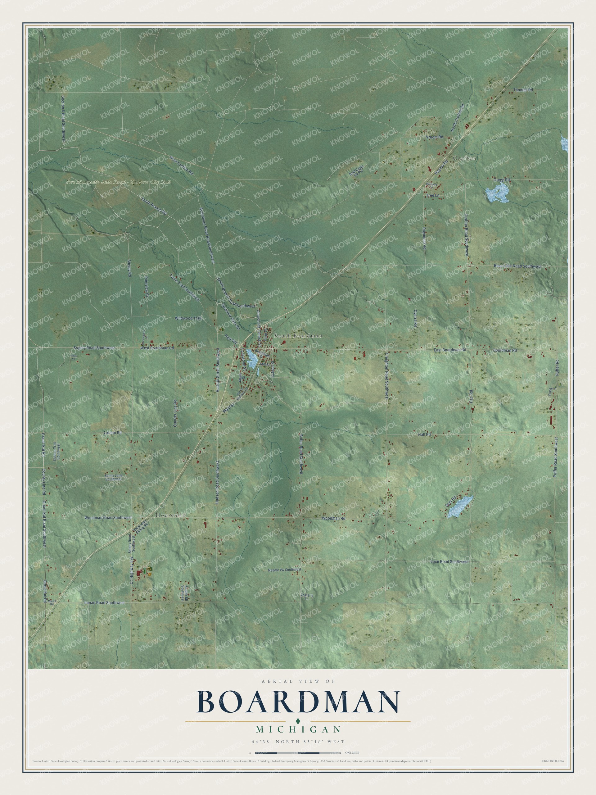 Full map of Boardman, Michigan, with red buildings, printed street names and the land around them
