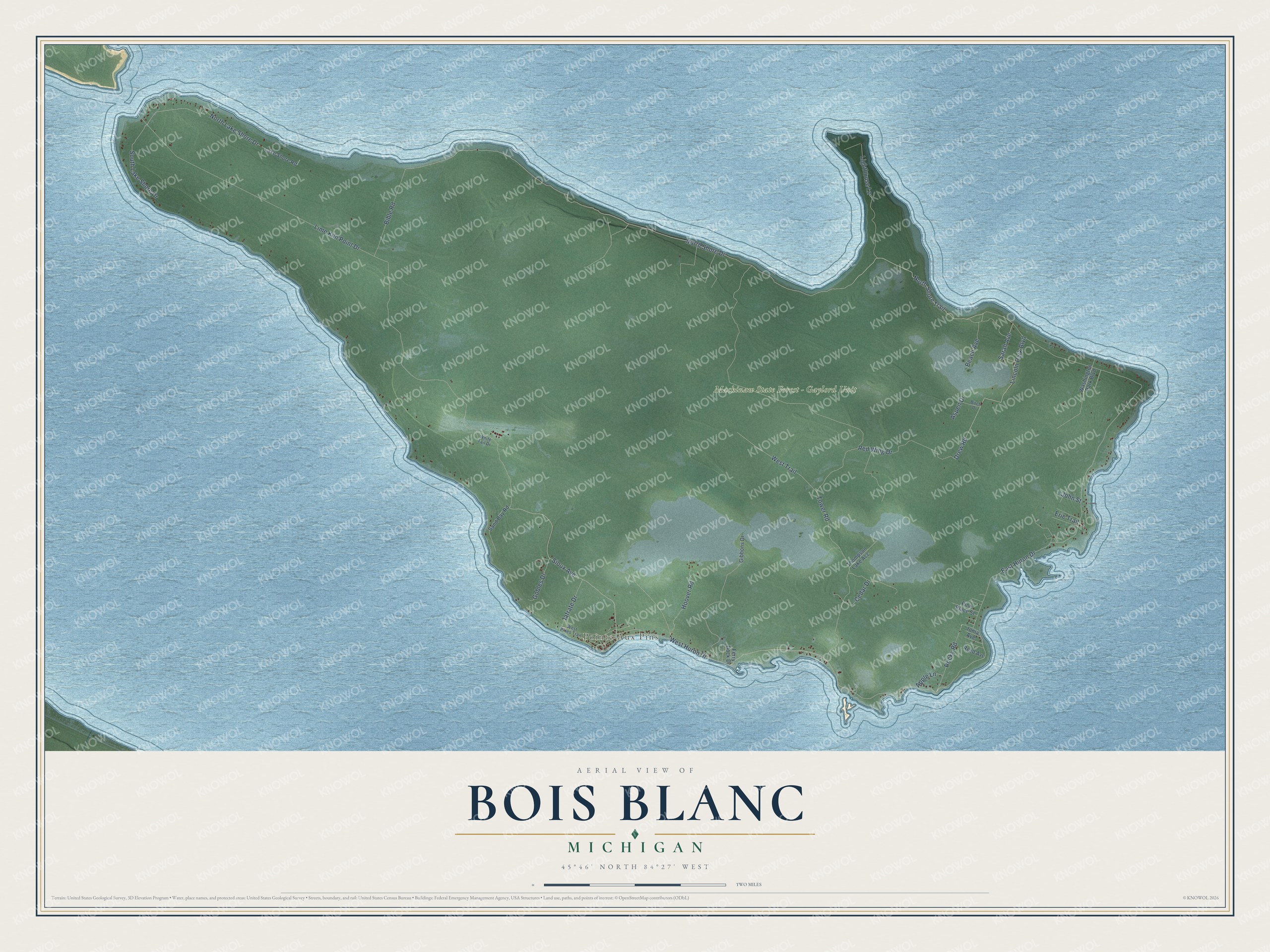 Full map of Bois Blanc, Michigan, with red buildings, printed street names and the land around them