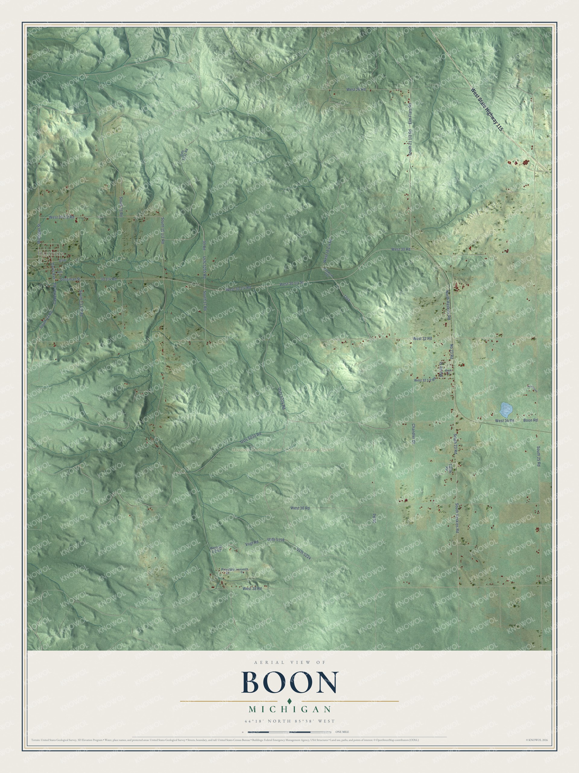 Full map of Boon, Michigan, with red buildings, printed street names and the land around them