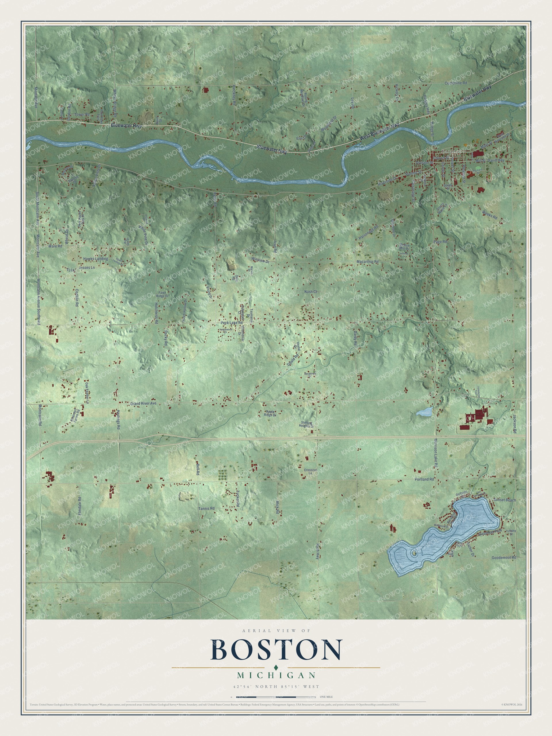 Full map of Boston, Michigan, with red buildings, printed street names and the land around them