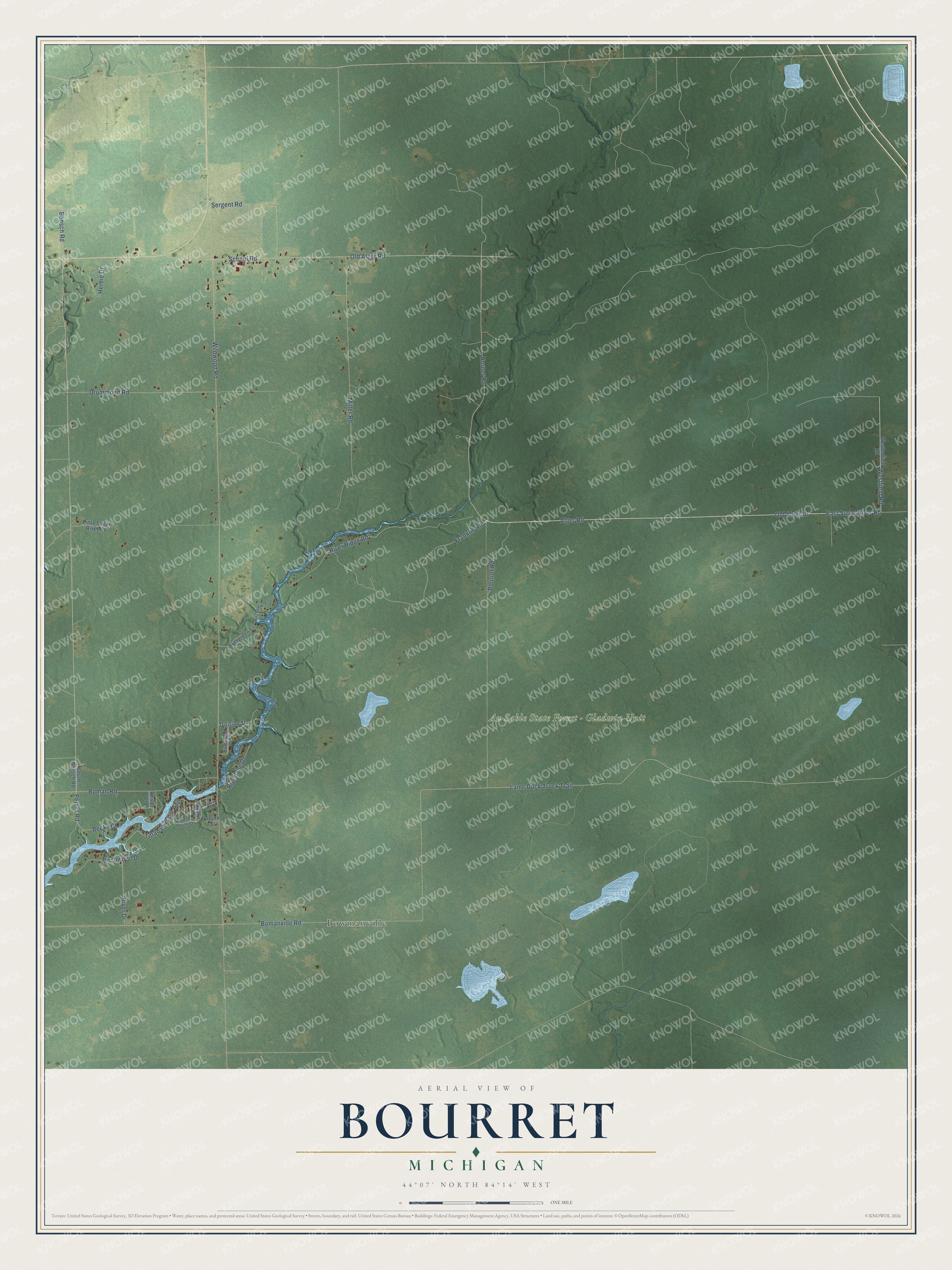 Full map of Bourret, Michigan, with red buildings, printed street names and the land around them
