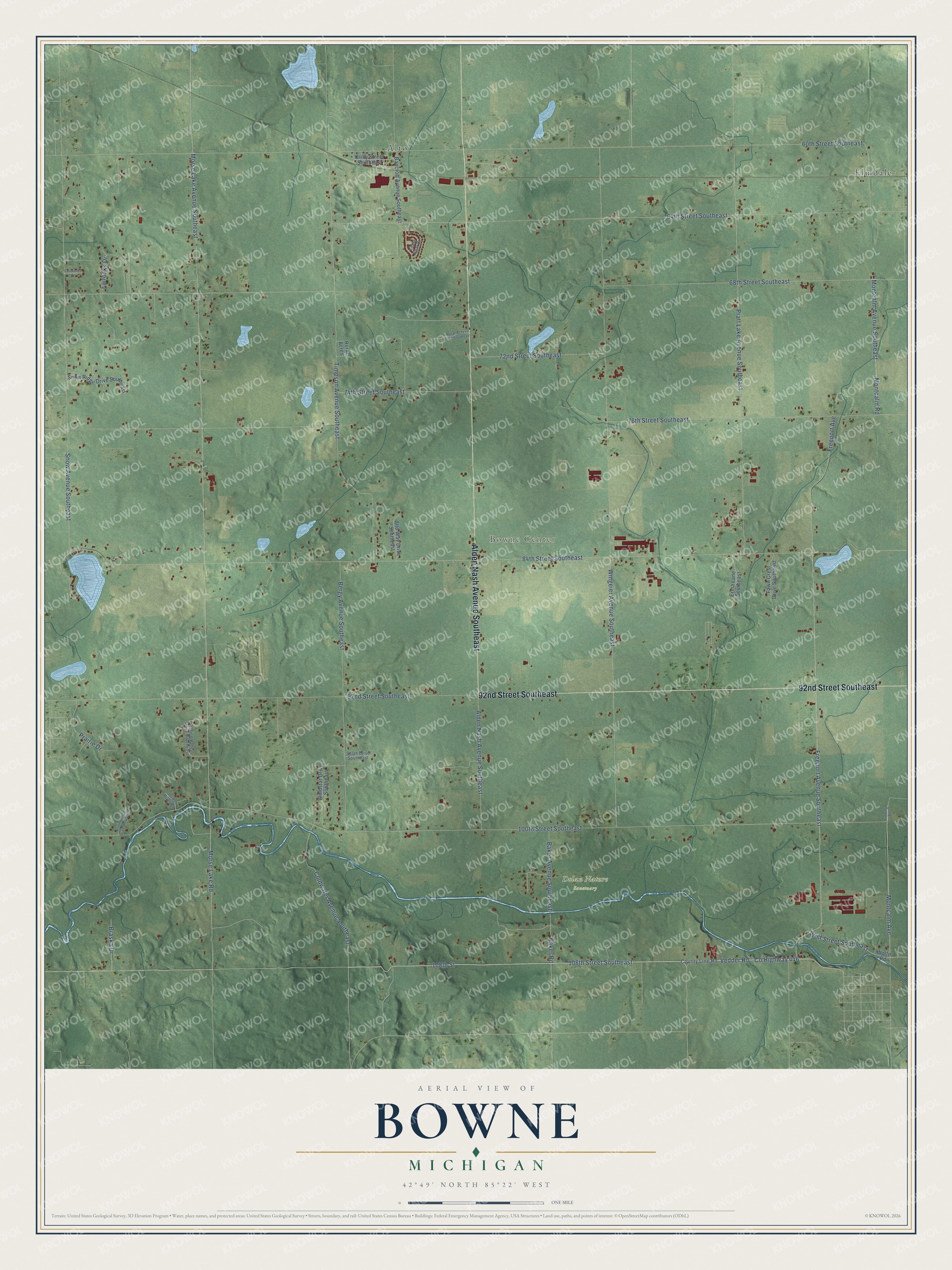 Full map of Bowne, Michigan, with red buildings, printed street names and the land around them