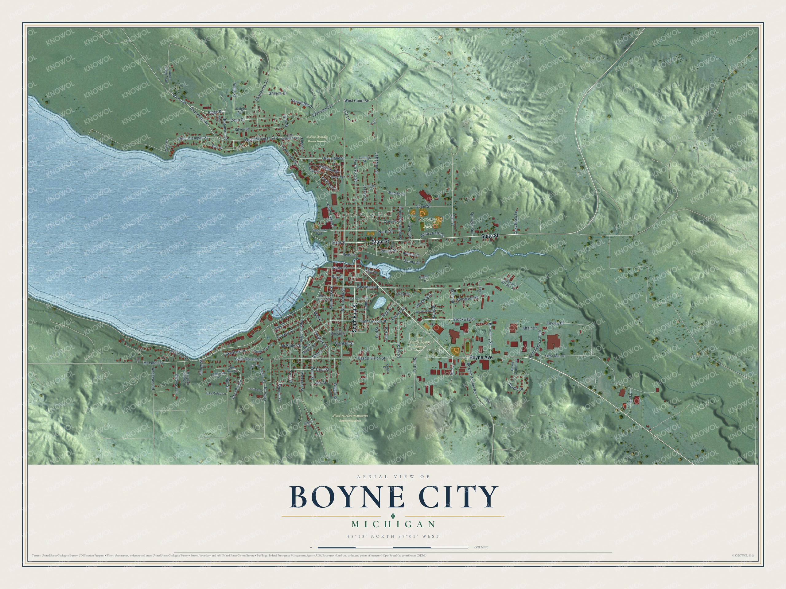 Full map of Boyne City, Michigan, with red buildings, printed street names and the land around them