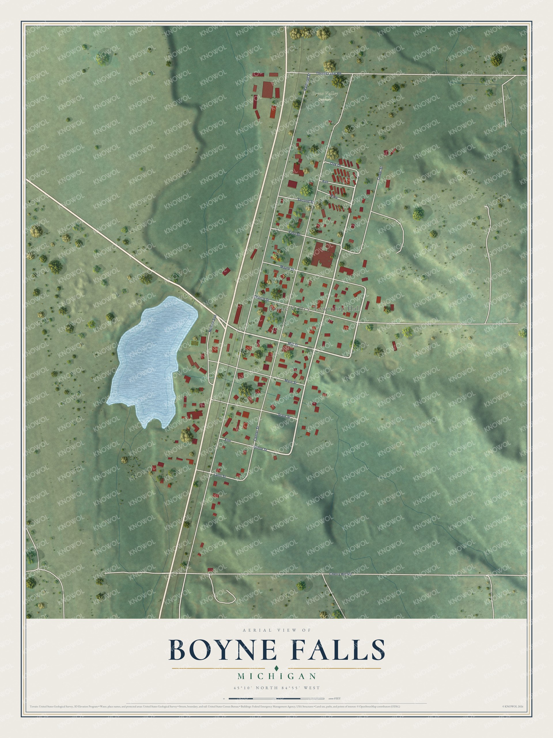 Full map of Boyne Falls, Michigan, with red buildings, printed street names and the land around them